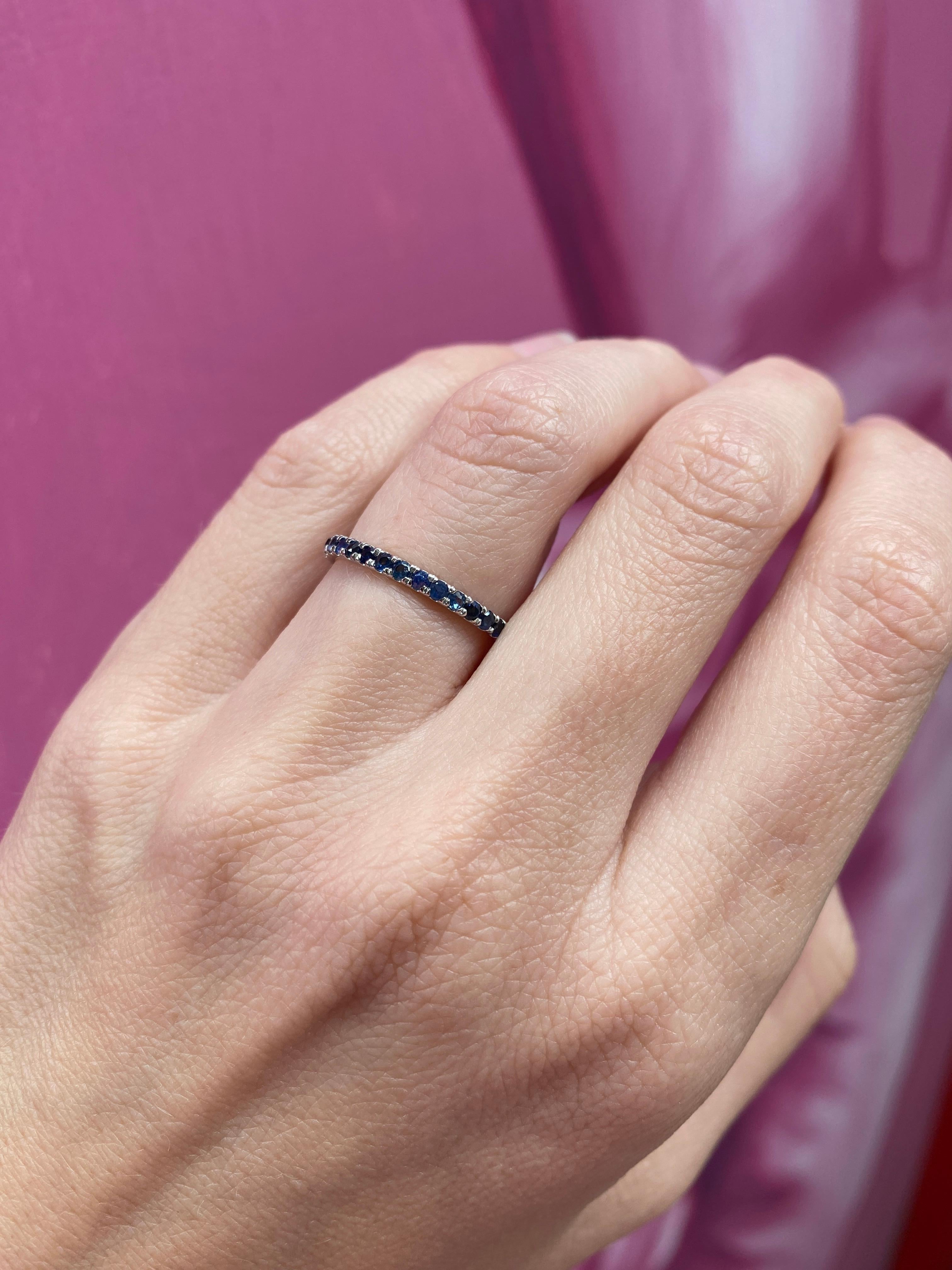 Natural Round Blue Sapphire Stacking Band, 14 Karat White Gold For Sale 9