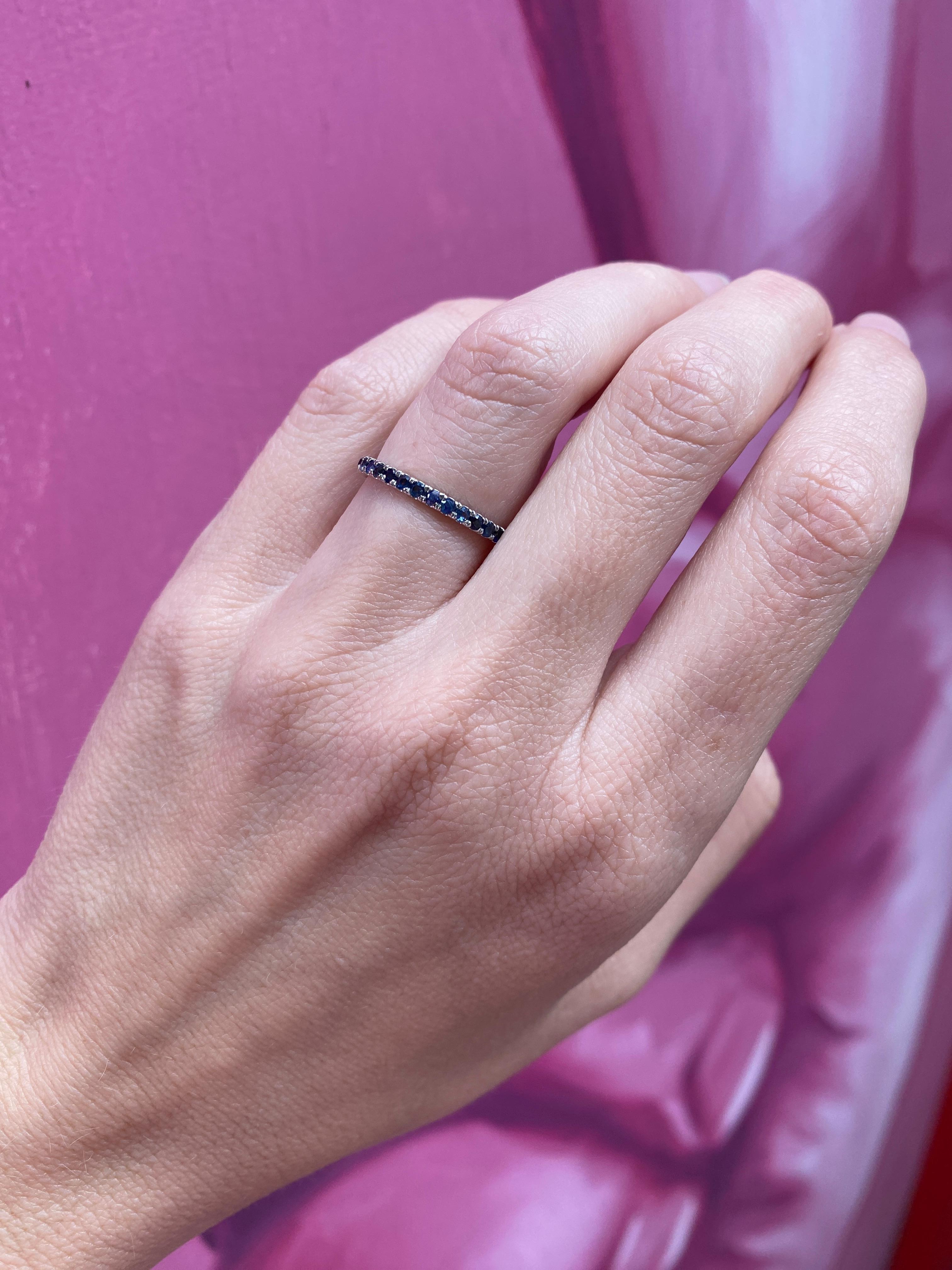 Natural Round Blue Sapphire Stacking Band, 14 Karat White Gold For Sale 10