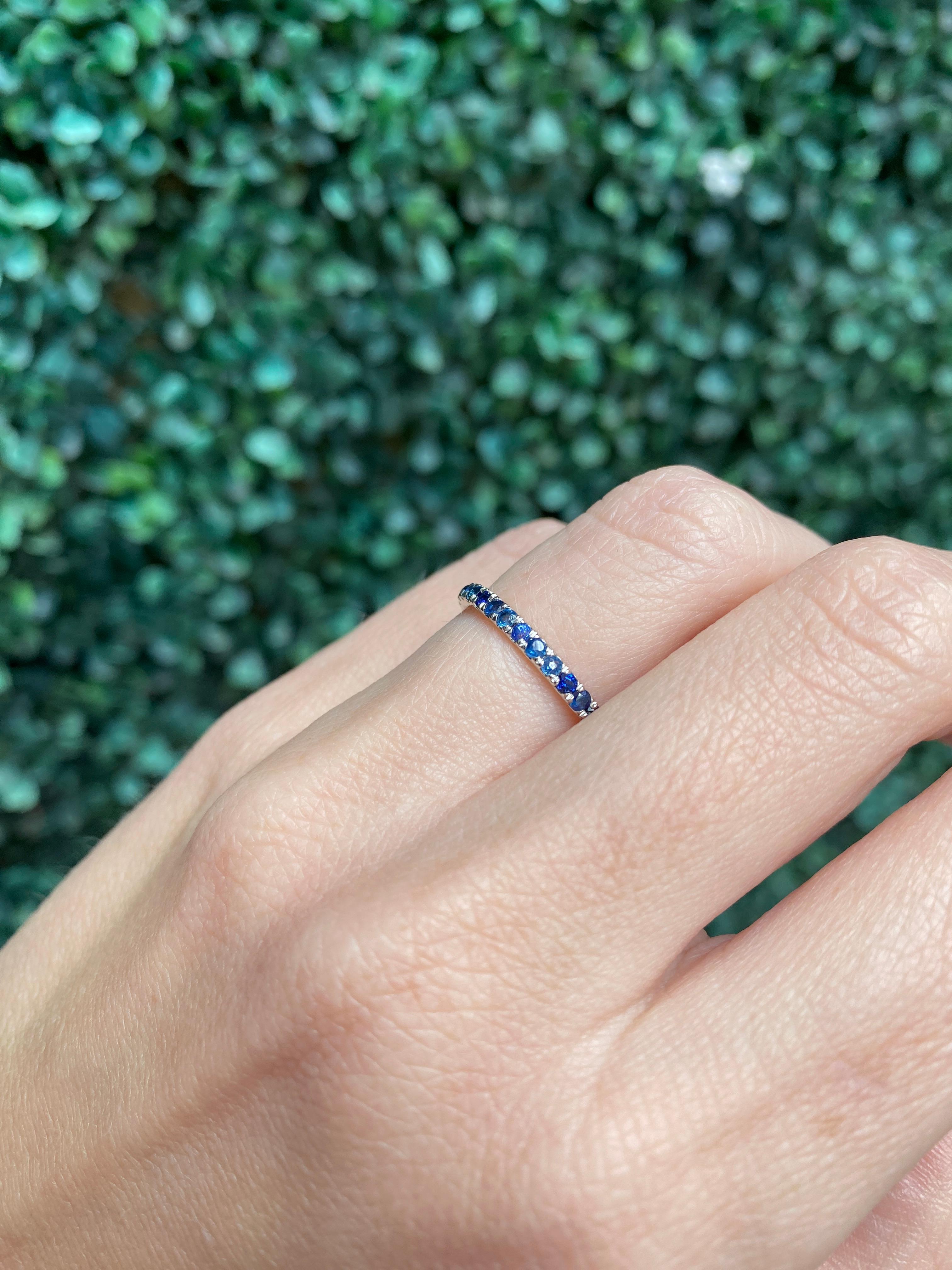 Natural Round Blue Sapphire Stacking Band, 14 Karat White Gold For Sale 11