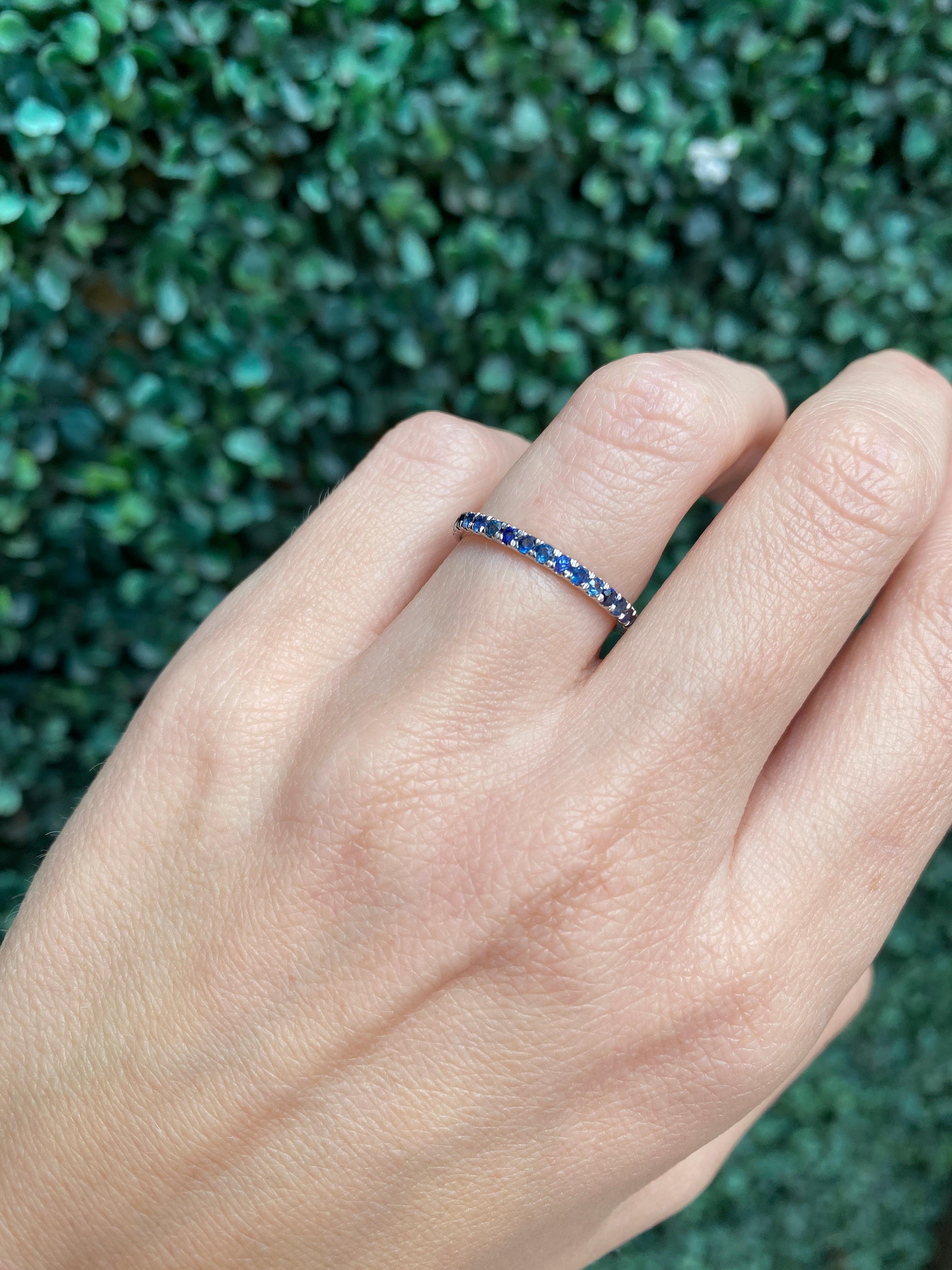 Natural Round Blue Sapphire Stacking Band, 14 Karat White Gold For Sale 12