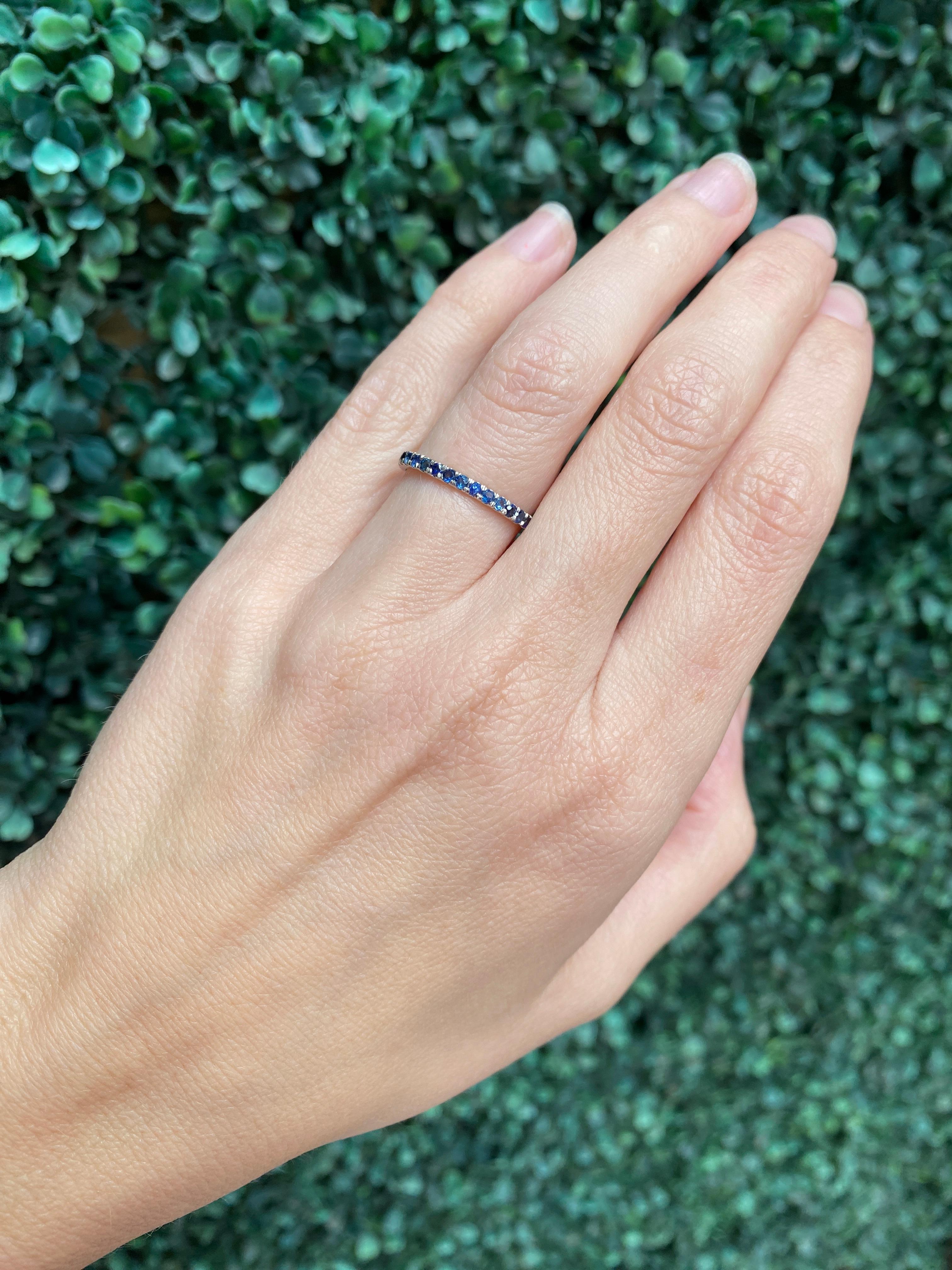 Natural Round Blue Sapphire Stacking Band, 14 Karat White Gold For Sale 13