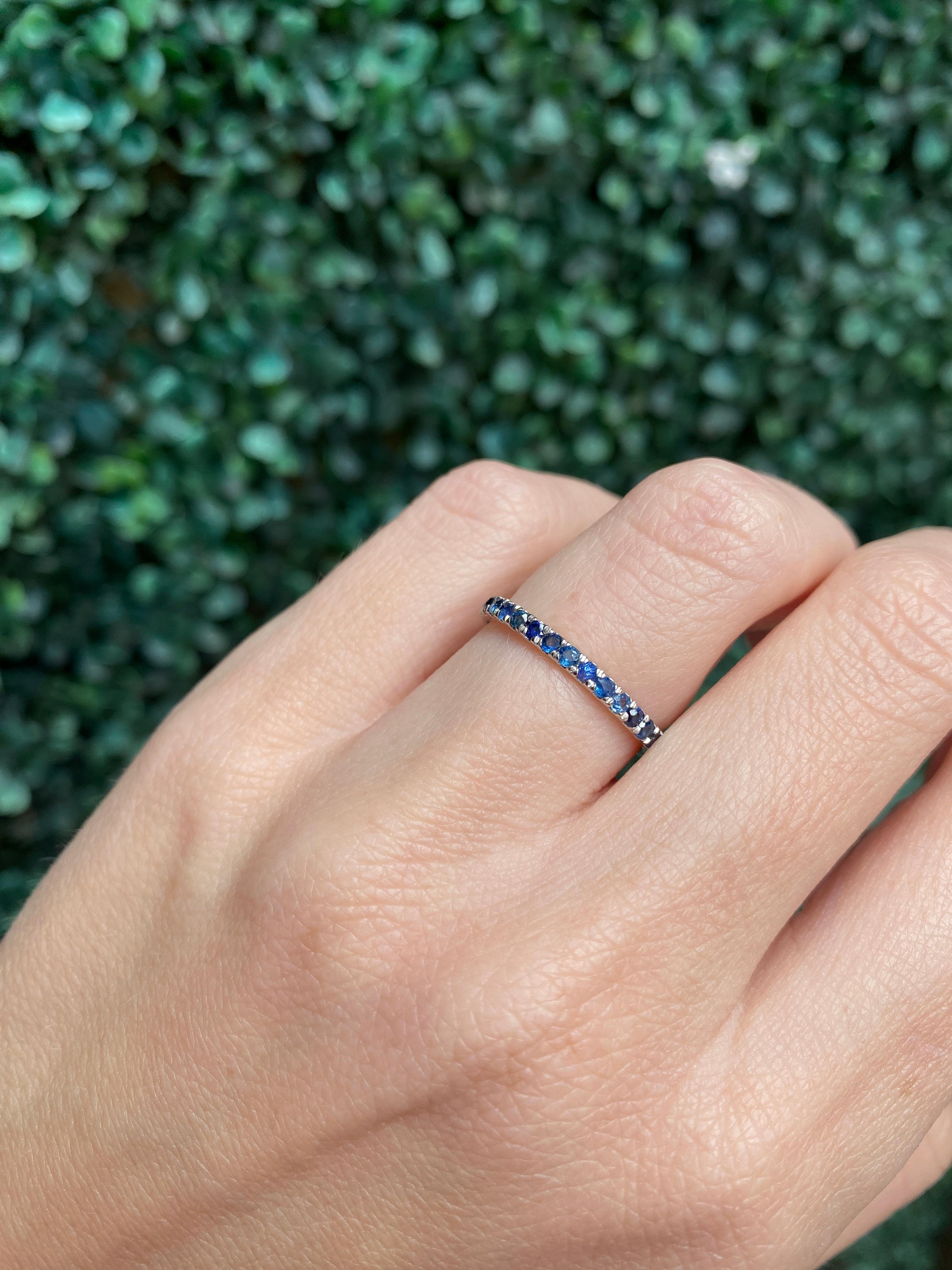 Natural Round Blue Sapphire Stacking Band, 14 Karat White Gold For Sale 14