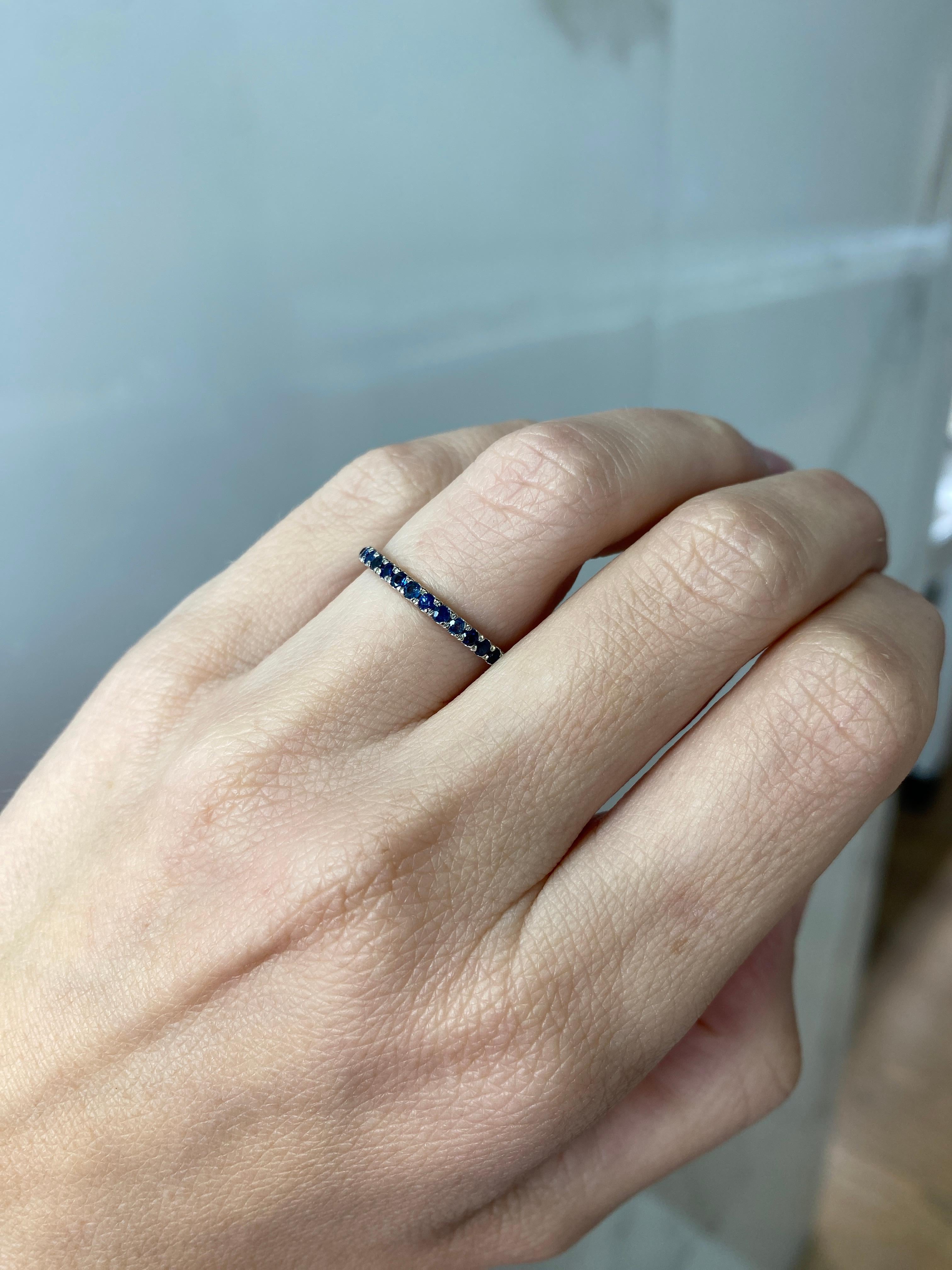 Natural Round Blue Sapphire Stacking Band, 14 Karat White Gold For Sale 1