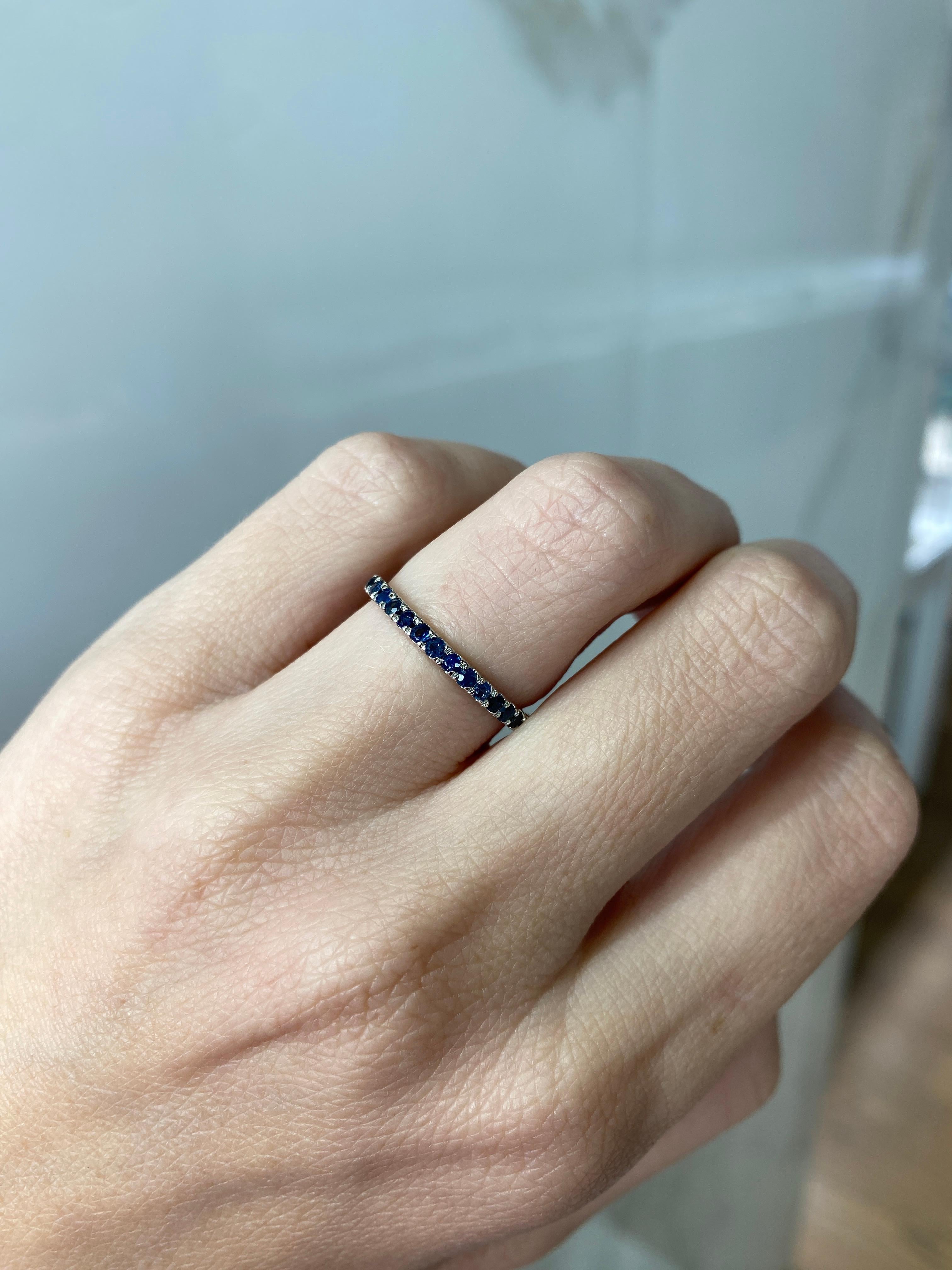 Natural Round Blue Sapphire Stacking Band, 14 Karat White Gold For Sale 2