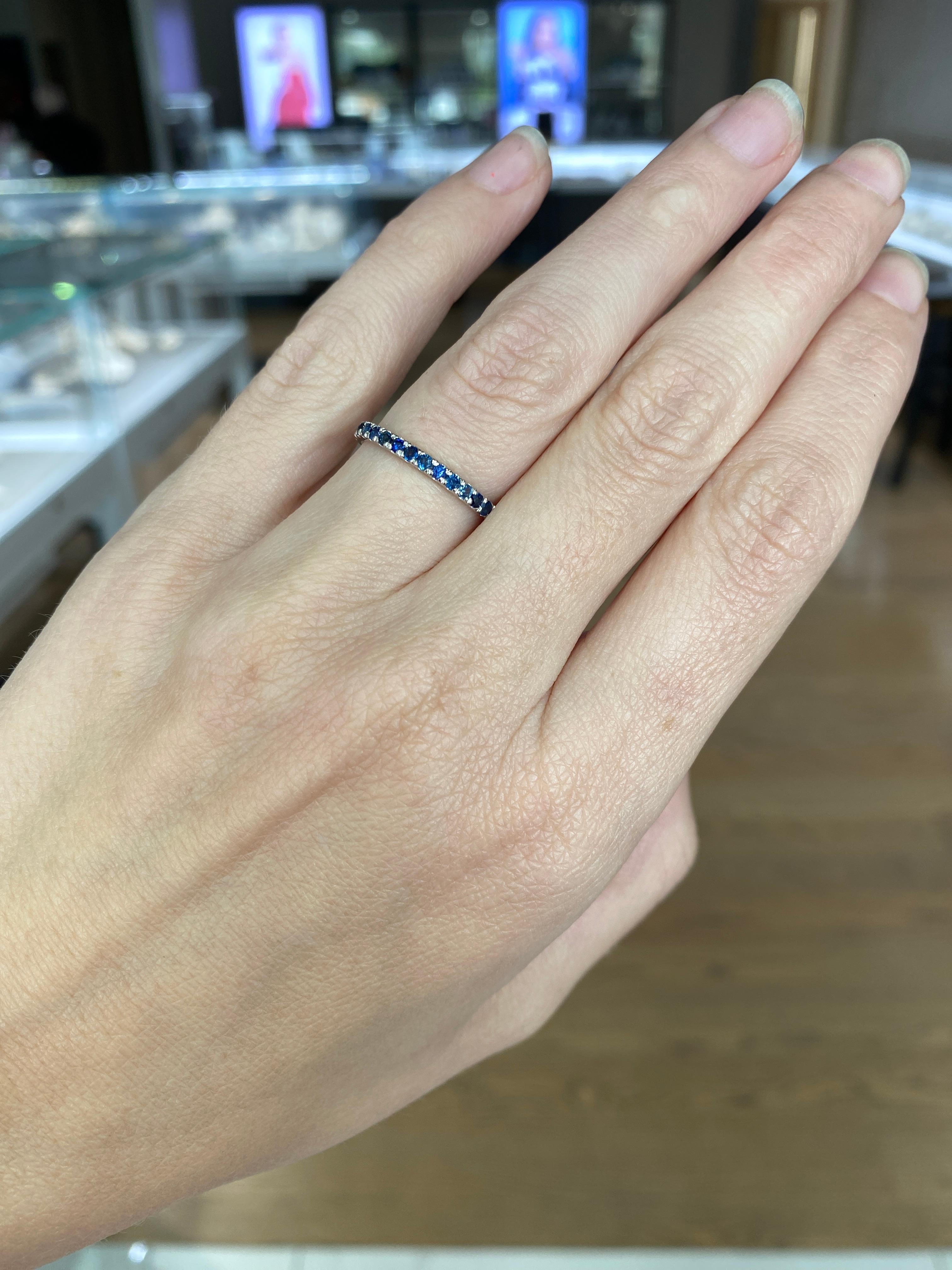 Natural Round Blue Sapphire Stacking Band, 14 Karat White Gold For Sale 3