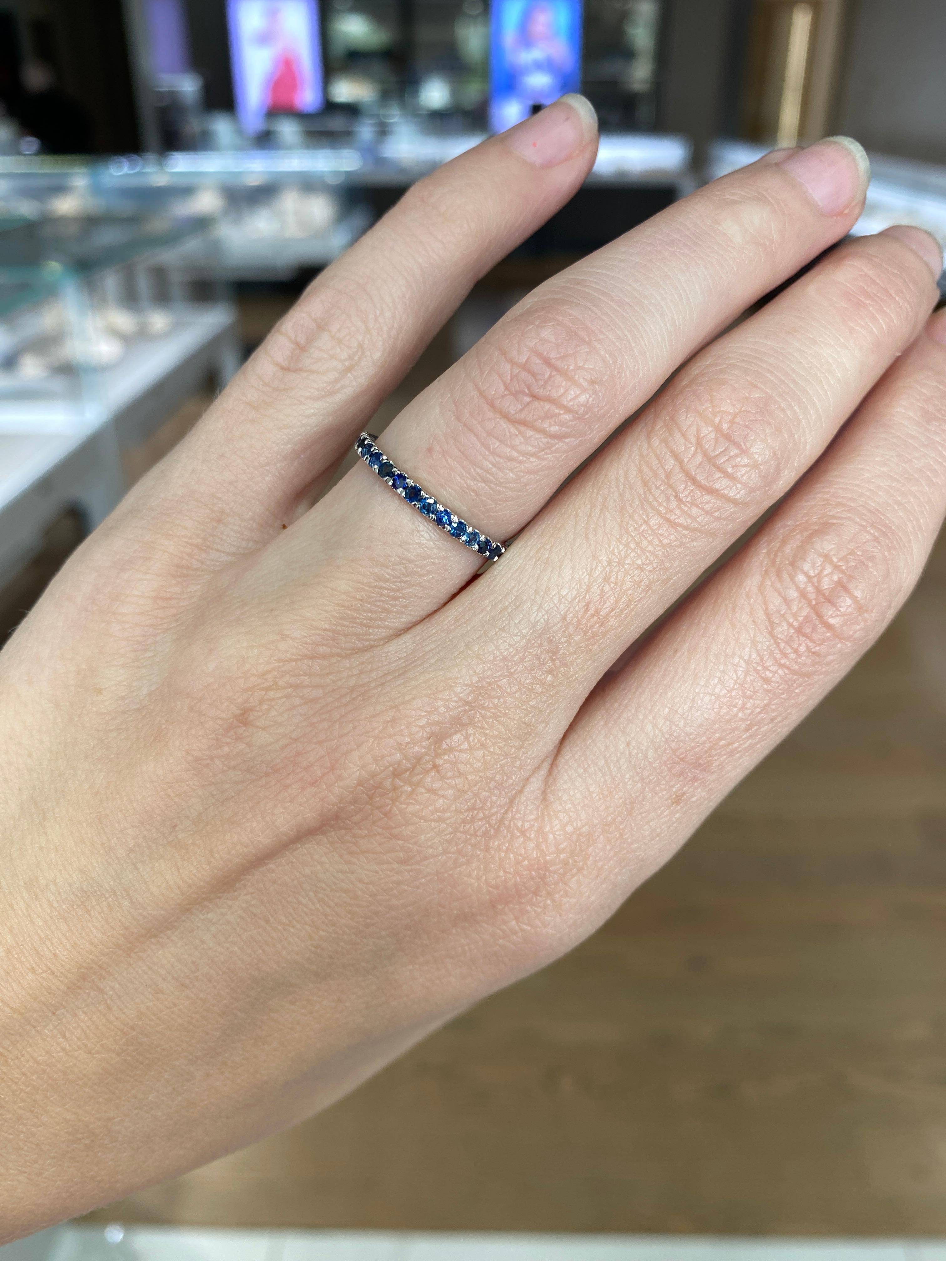 Natural Round Blue Sapphire Stacking Band, 14 Karat White Gold For Sale 4