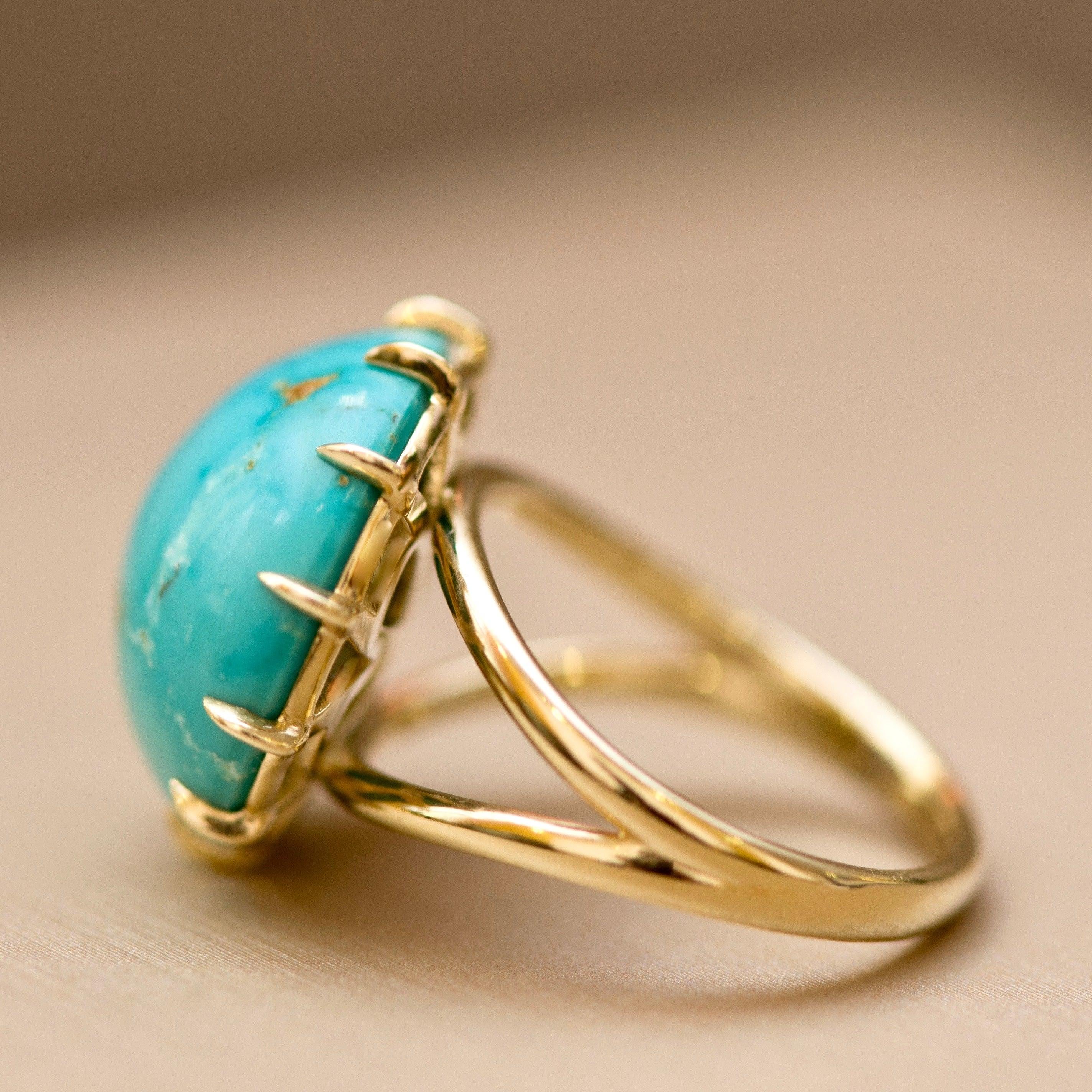 For Sale:  Natural Round Blue Turquoise 18 Carat Yellow Gold 14 Karat Ring 3