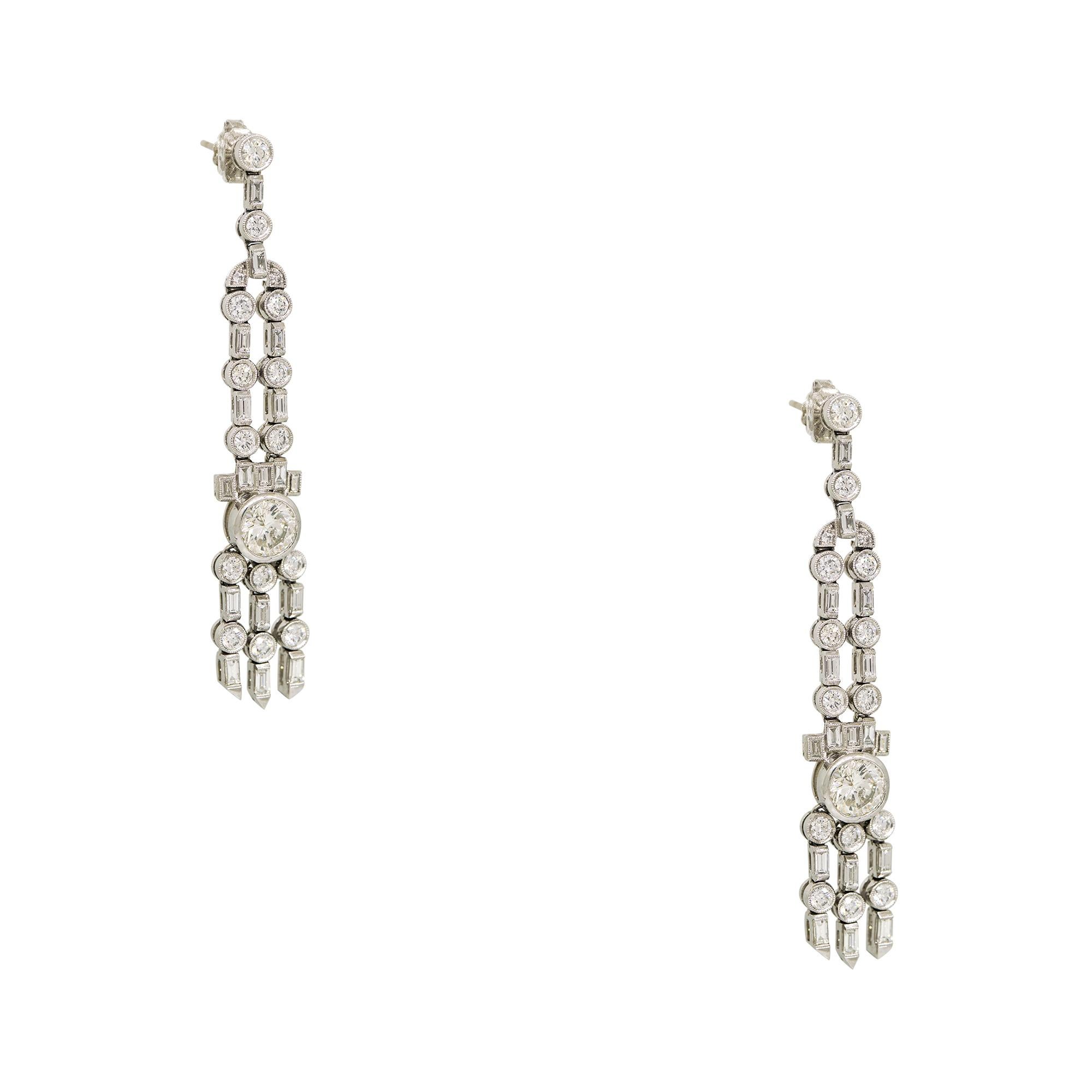 Round Cut Natural Round Brilliant Diamond Drop Vintage Platinum Earrings In Stock For Sale