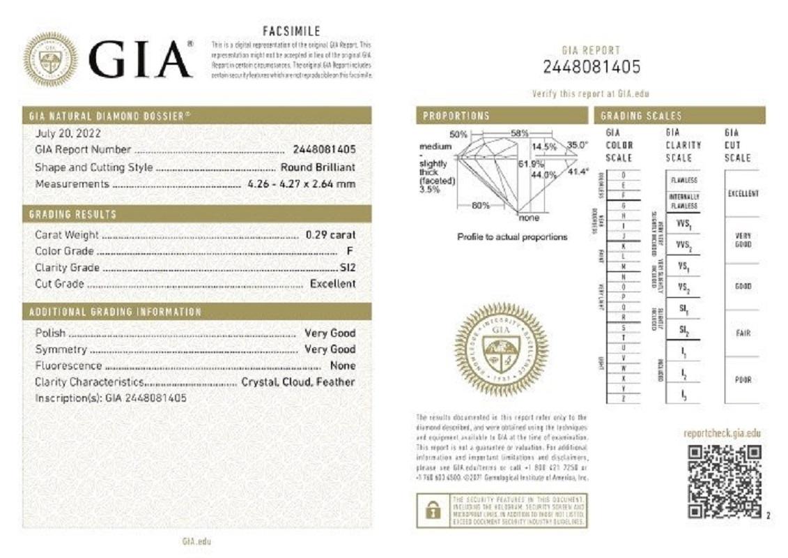 Natural round brilliant diamond in a 0.29 carat F SI2 graded by GIA Laboratory with Excellent cut and shine. This diamond comes with a GIA Certificate and laser inscription number.

GIA 2448081405

Sku: 155717-4