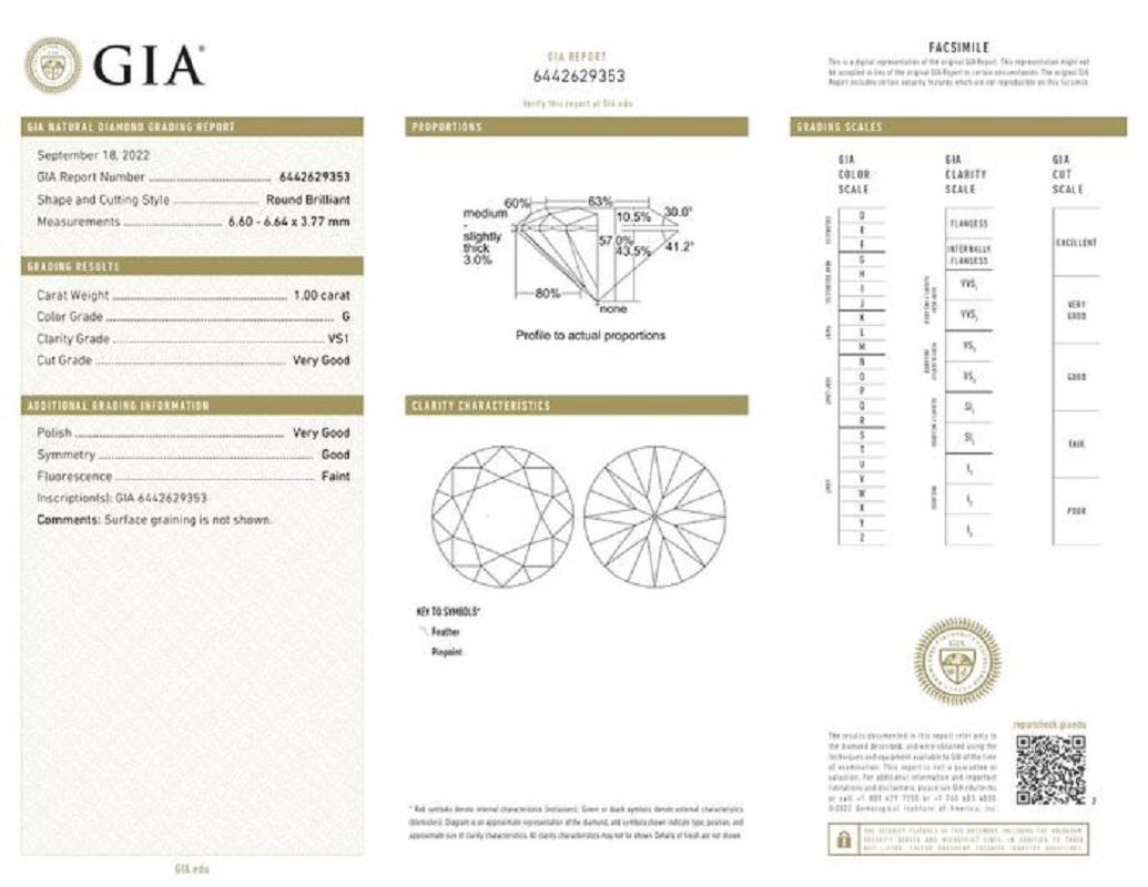 Round Cut Natural Round Brilliant Diamond in a 1.00 Carat G VS1, GIA Certificate For Sale