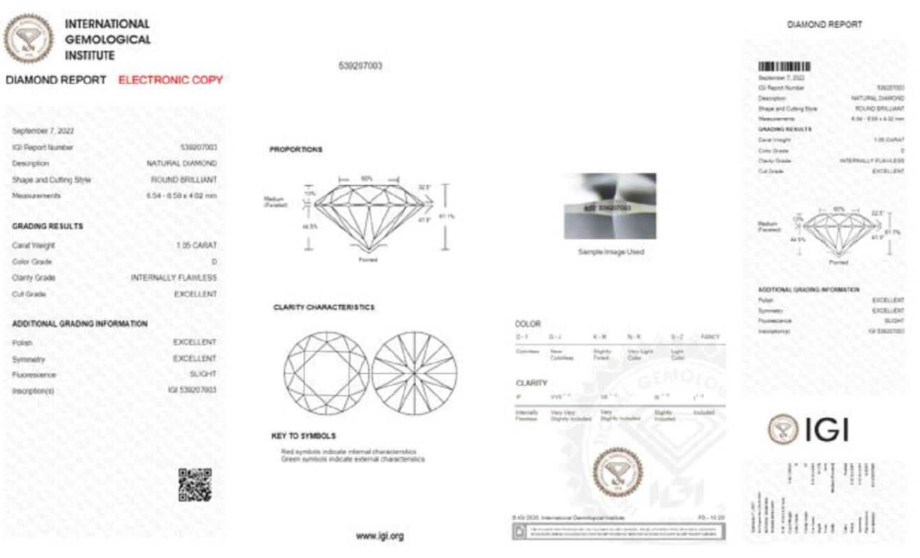 Diamant rond et brillant naturel de 1,05 carat D VS2, certifi IGI en vente 2