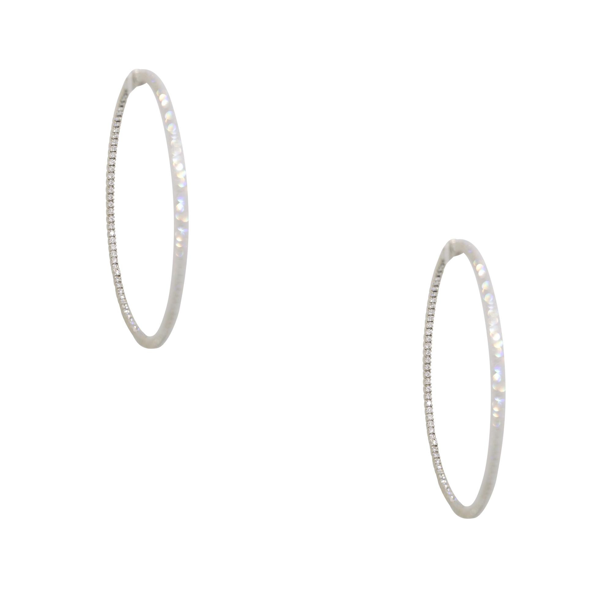 Natural Round Brilliant Diamond Narrow 14 Karat Hoop Earrings In Stock In Excellent Condition In Boca Raton, FL