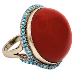 Natural Round Cabochon Red Coral & Turquoise Halo Large Cocktail Ring