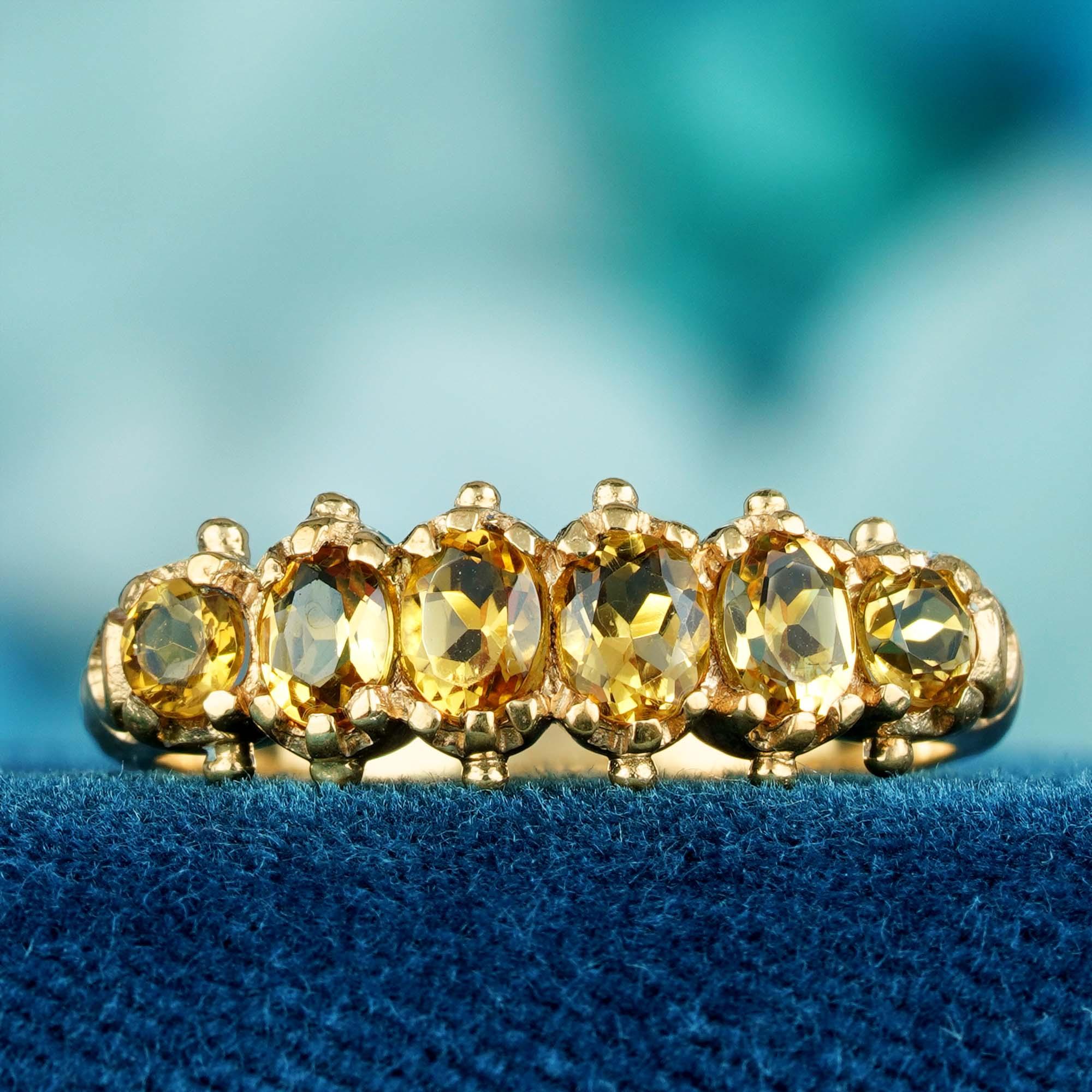 Im Angebot: Natürlicher runder Citrin Vintage-Ring mit sechs Steinen im Vintage-Stil aus massivem 9K Gelbgold () 2