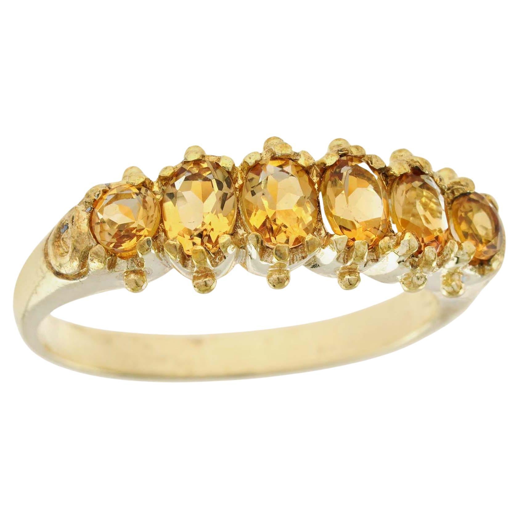 For Sale:  Natural Round Citrine Vintage Style Six Stone Band Ring in Solid 9K Yellow Gold