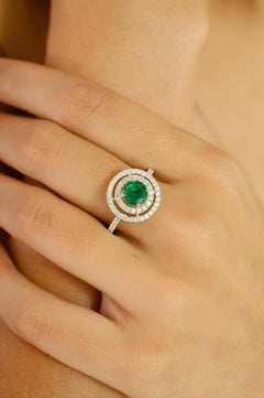 Natural Round Cut Emerald and Double Halo Diamond Wedding Ring in 18k Gold