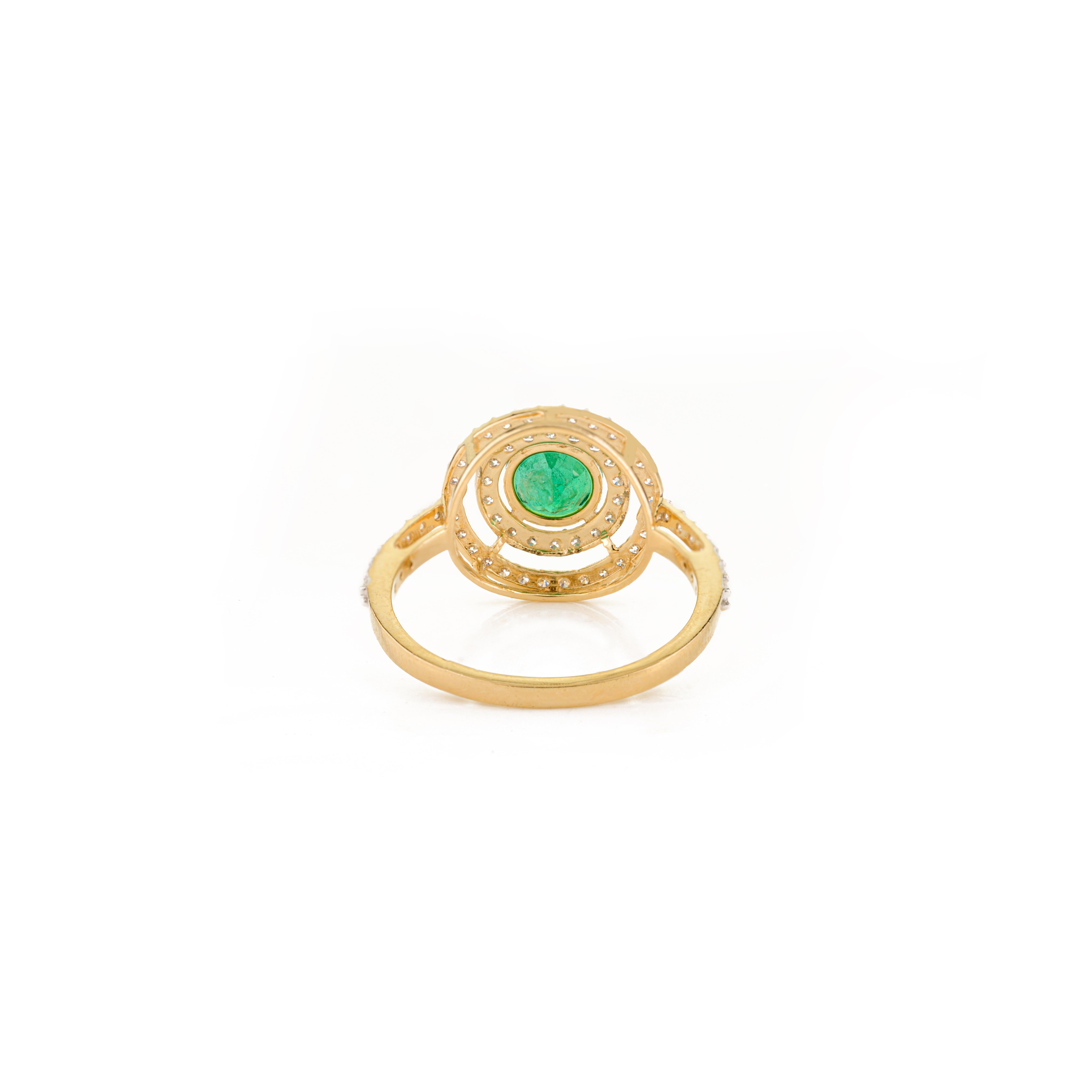 For Sale:  Natural Round Cut Emerald and Double Halo Diamond Wedding Ring in 18k Gold 5