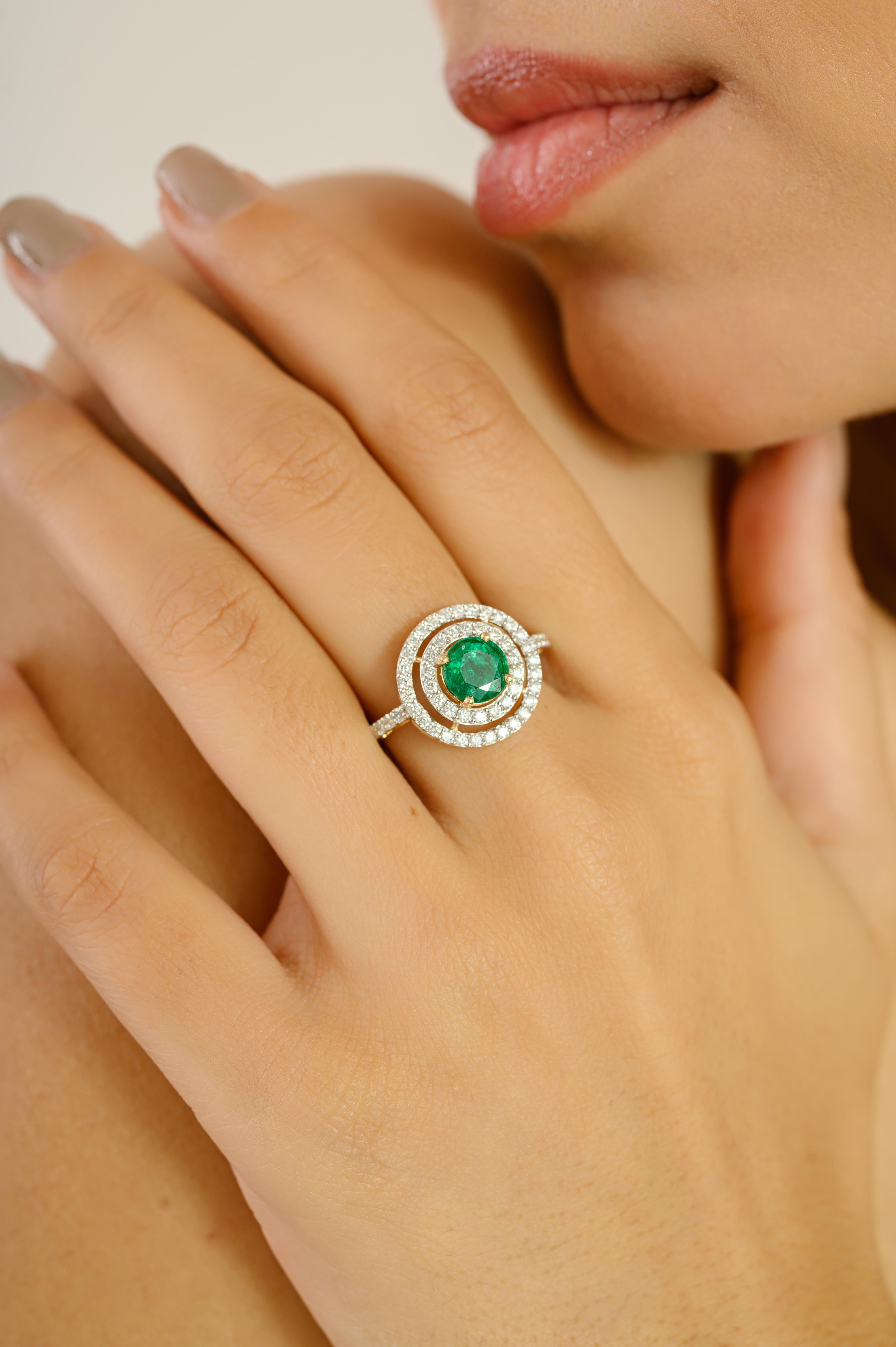 For Sale:  Natural Round Cut Emerald and Double Halo Diamond Wedding Ring in 18k Gold 6