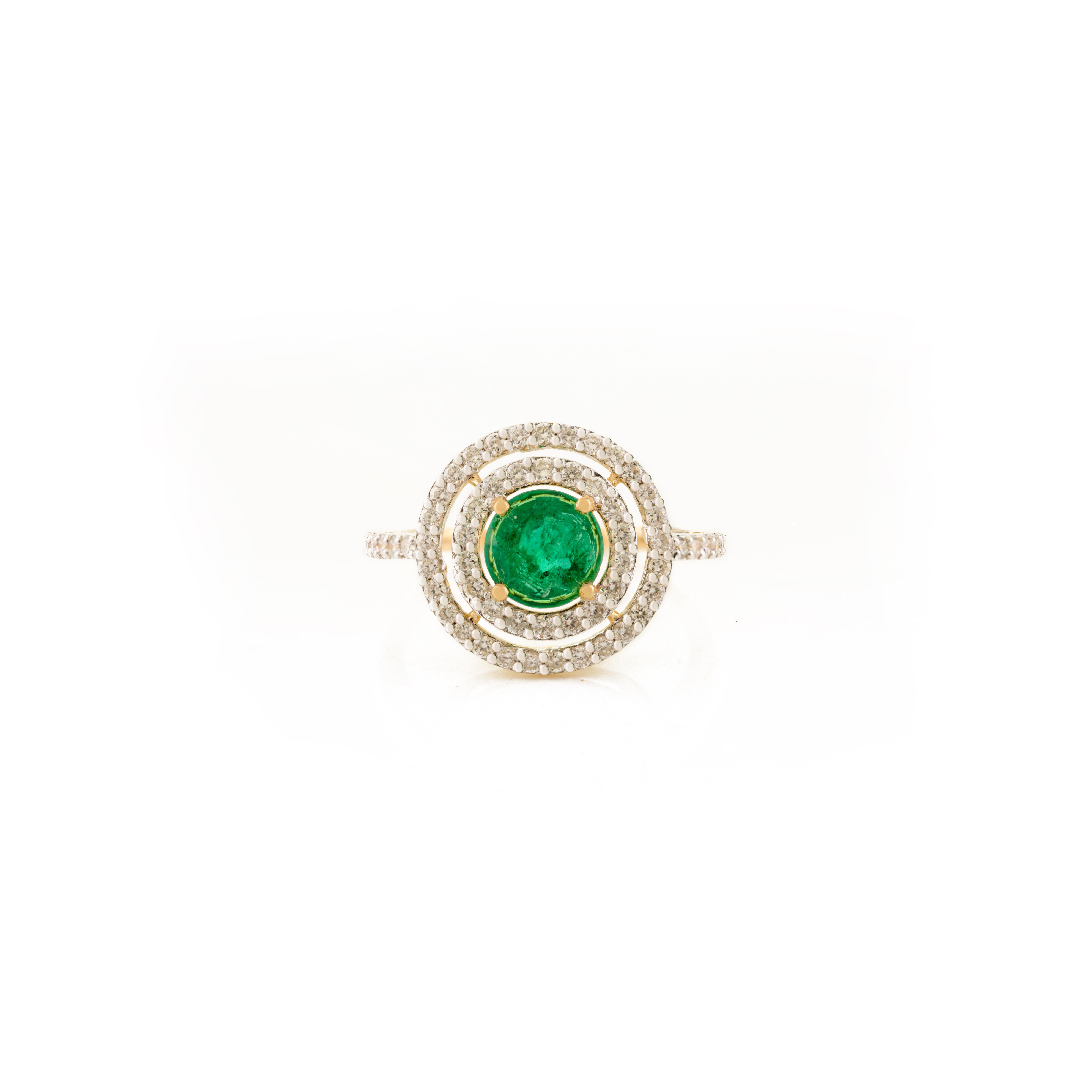 For Sale:  Natural Round Cut Emerald and Double Halo Diamond Wedding Ring in 18k Gold 7