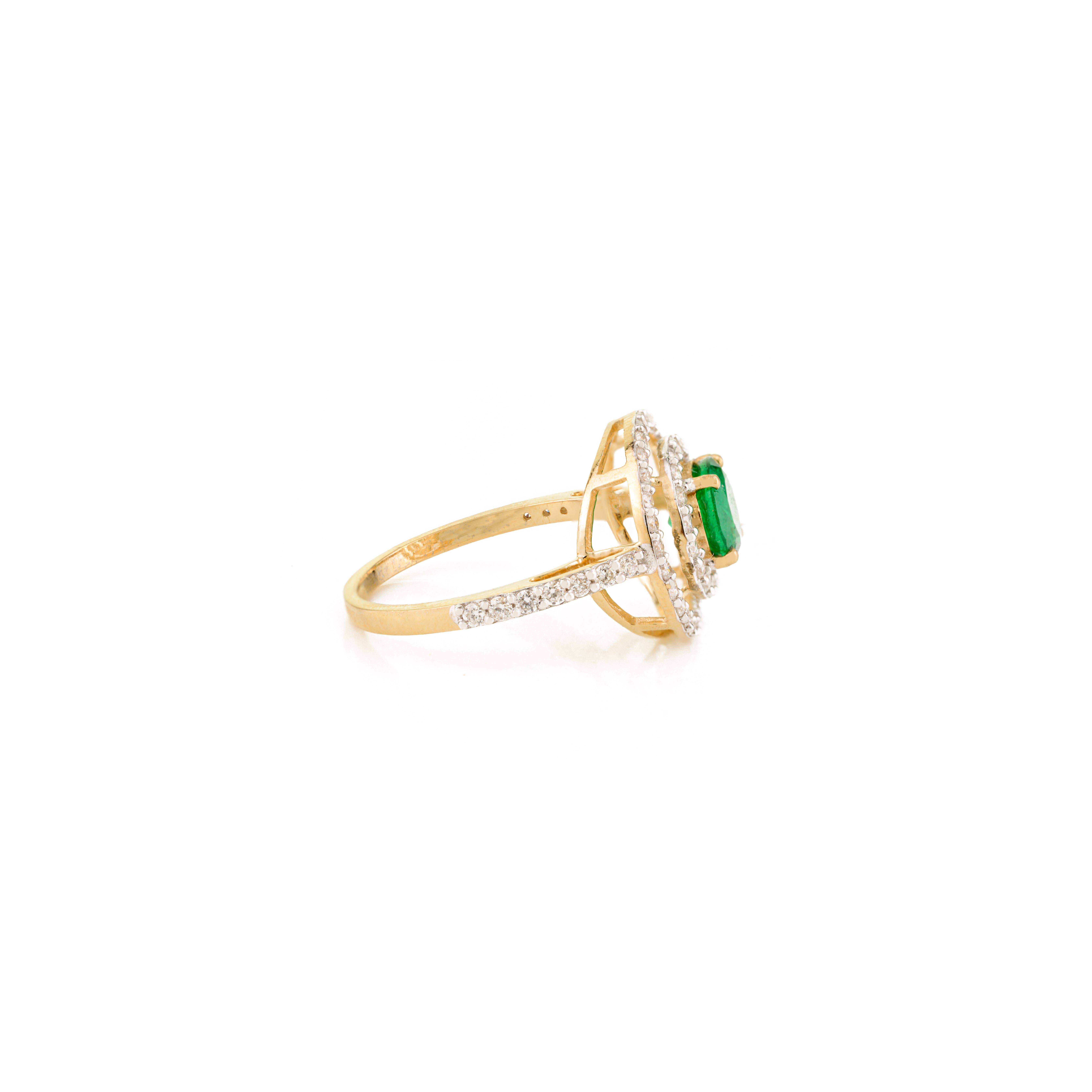 For Sale:  Natural Round Cut Emerald and Double Halo Diamond Wedding Ring in 18k Gold 9