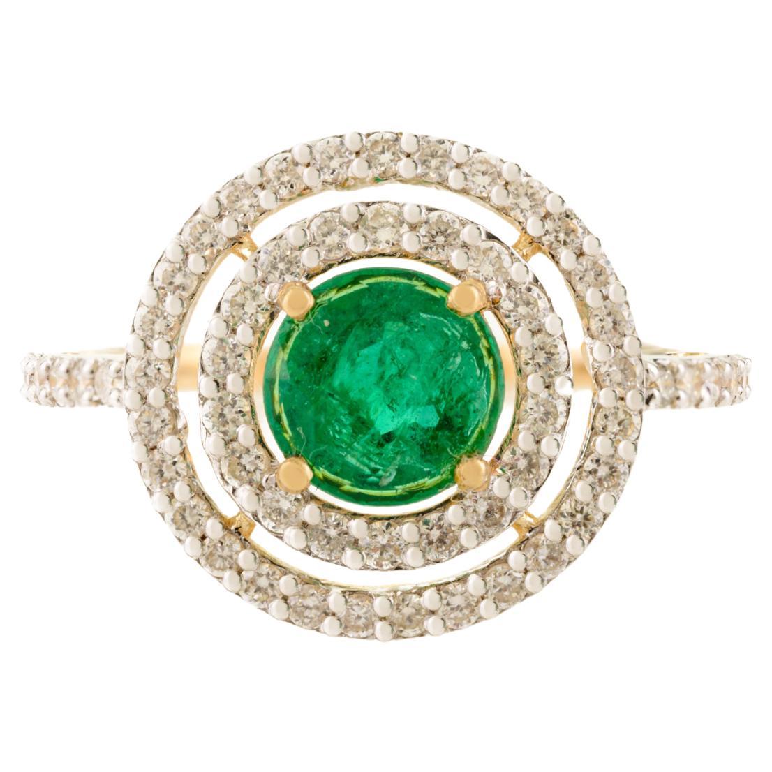 For Sale:  Natural Round Cut Emerald and Double Halo Diamond Wedding Ring in 18k Gold