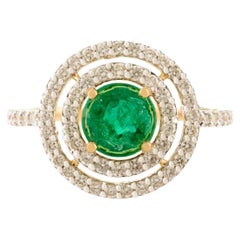 Natural Round Cut Emerald and Double Halo Diamond Wedding Ring in 18k Gold