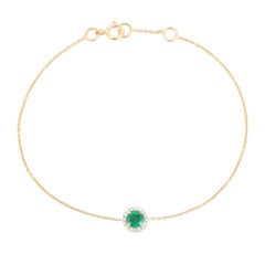 Natural Round Cut Emerald & Diamond Halo Chain Bracelet in 14K Yellow Gold