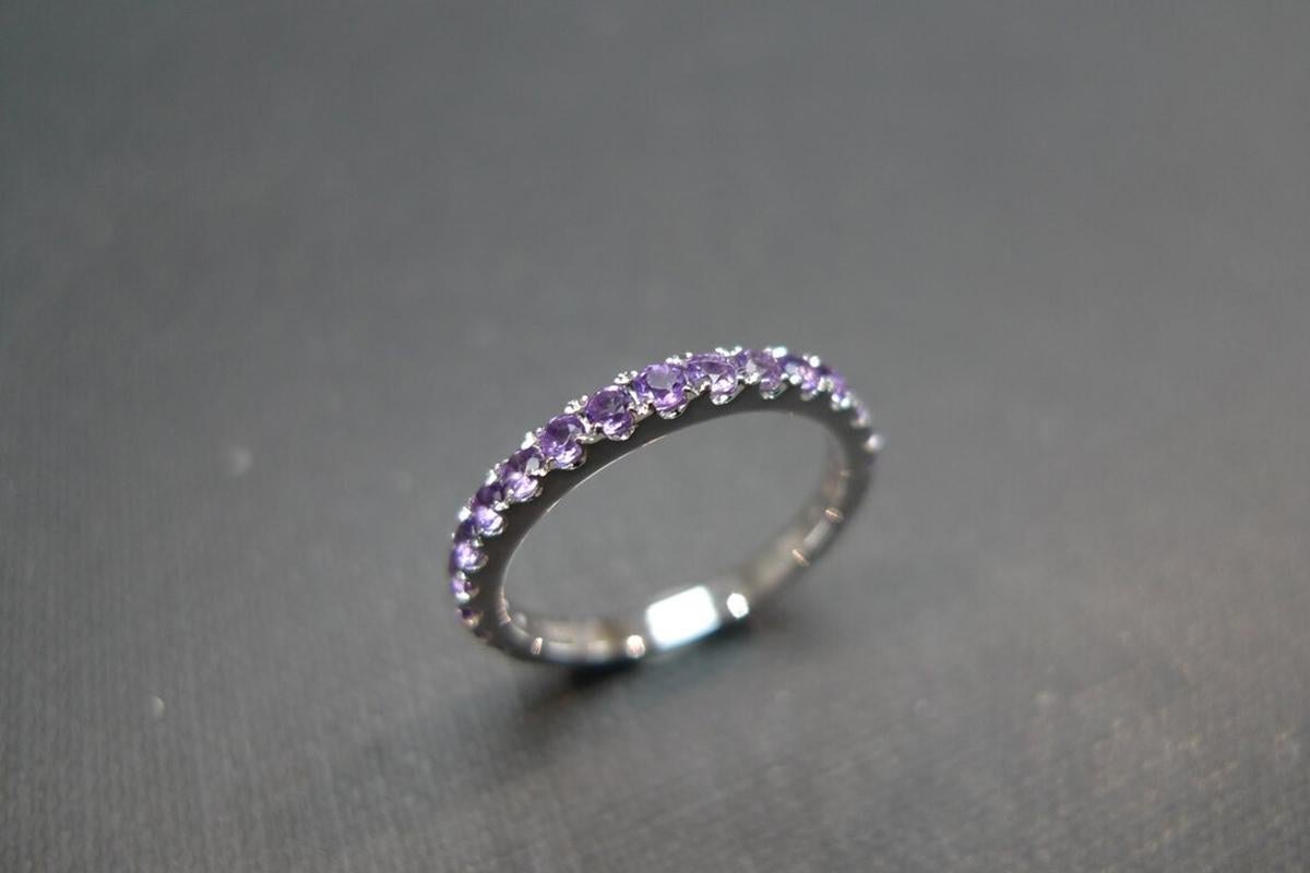 For Sale:  Natural Round Cut Purple Amethyst Wedding Band Ring in 18K White Gold 4