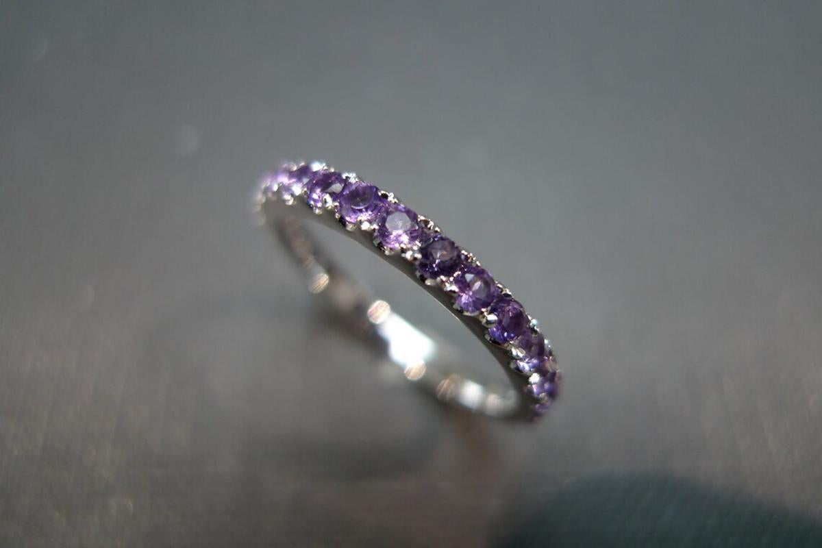 For Sale:  Natural Round Cut Purple Amethyst Wedding Band Ring in 18K White Gold 5