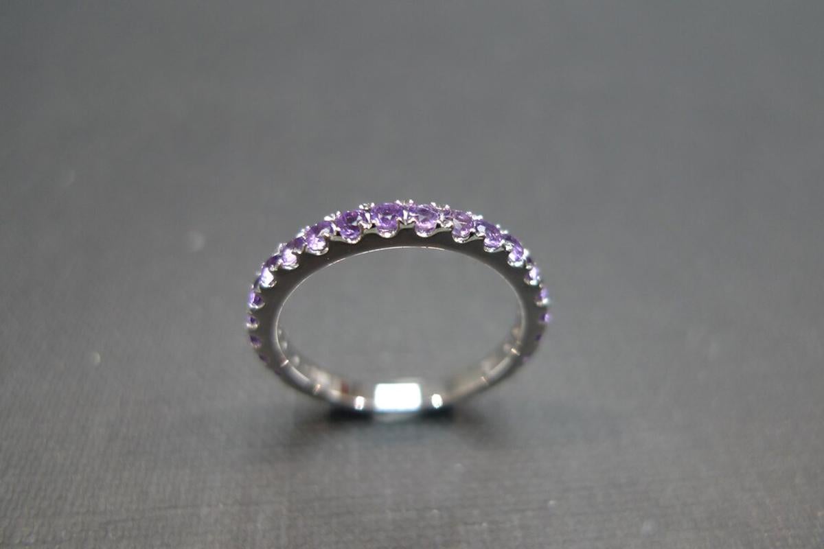 For Sale:  Natural Round Cut Purple Amethyst Wedding Band Ring in 18K White Gold 6