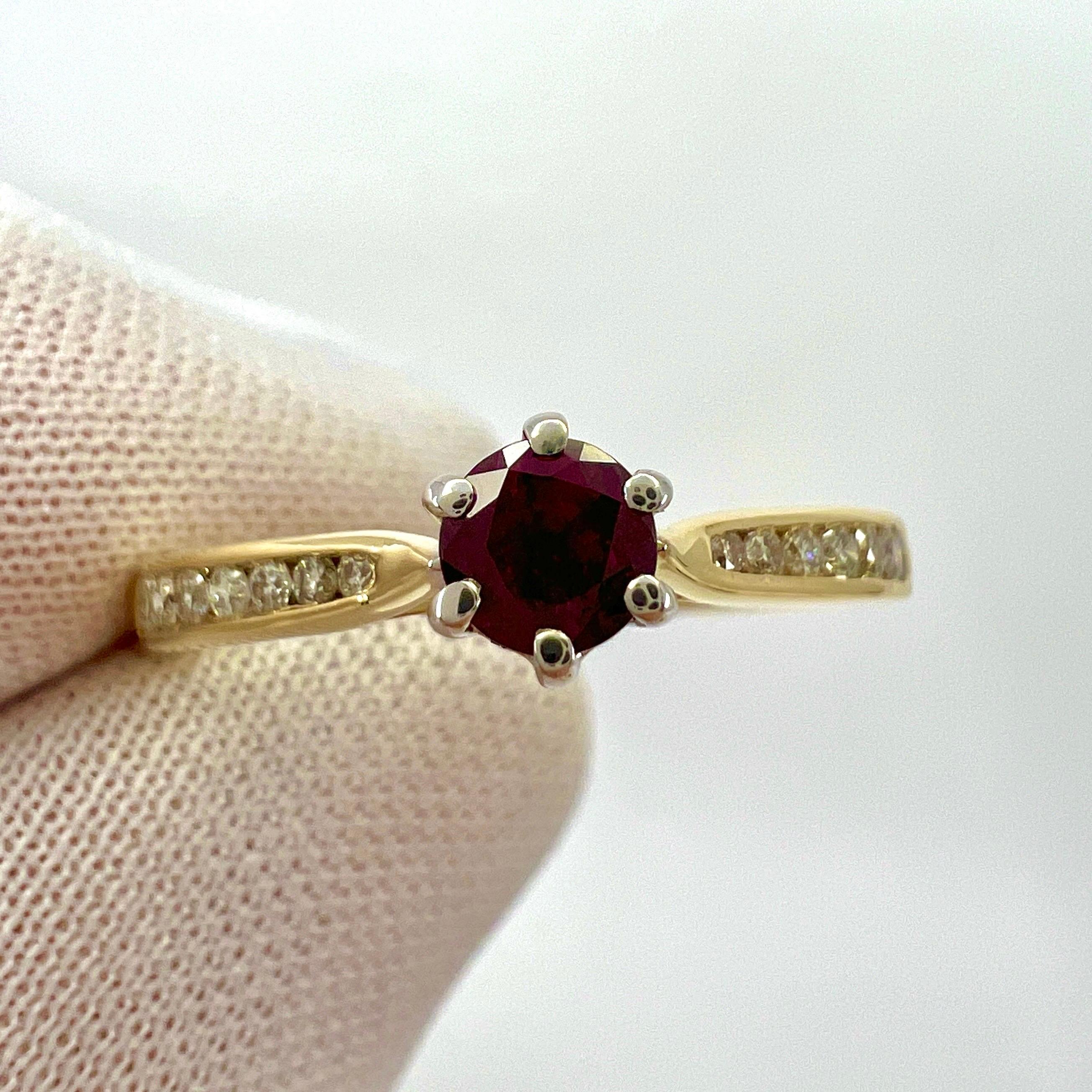 Natural Round Cut Red Ruby And Diamond White And Yellow Gold Ring.

0.60 Carat total. This ring features a beautiful red ruby with a deep red colour and excellent cut and clarity. The ruby measures 4mm (0.45 carat).

The ruby is accented by 0.15ct