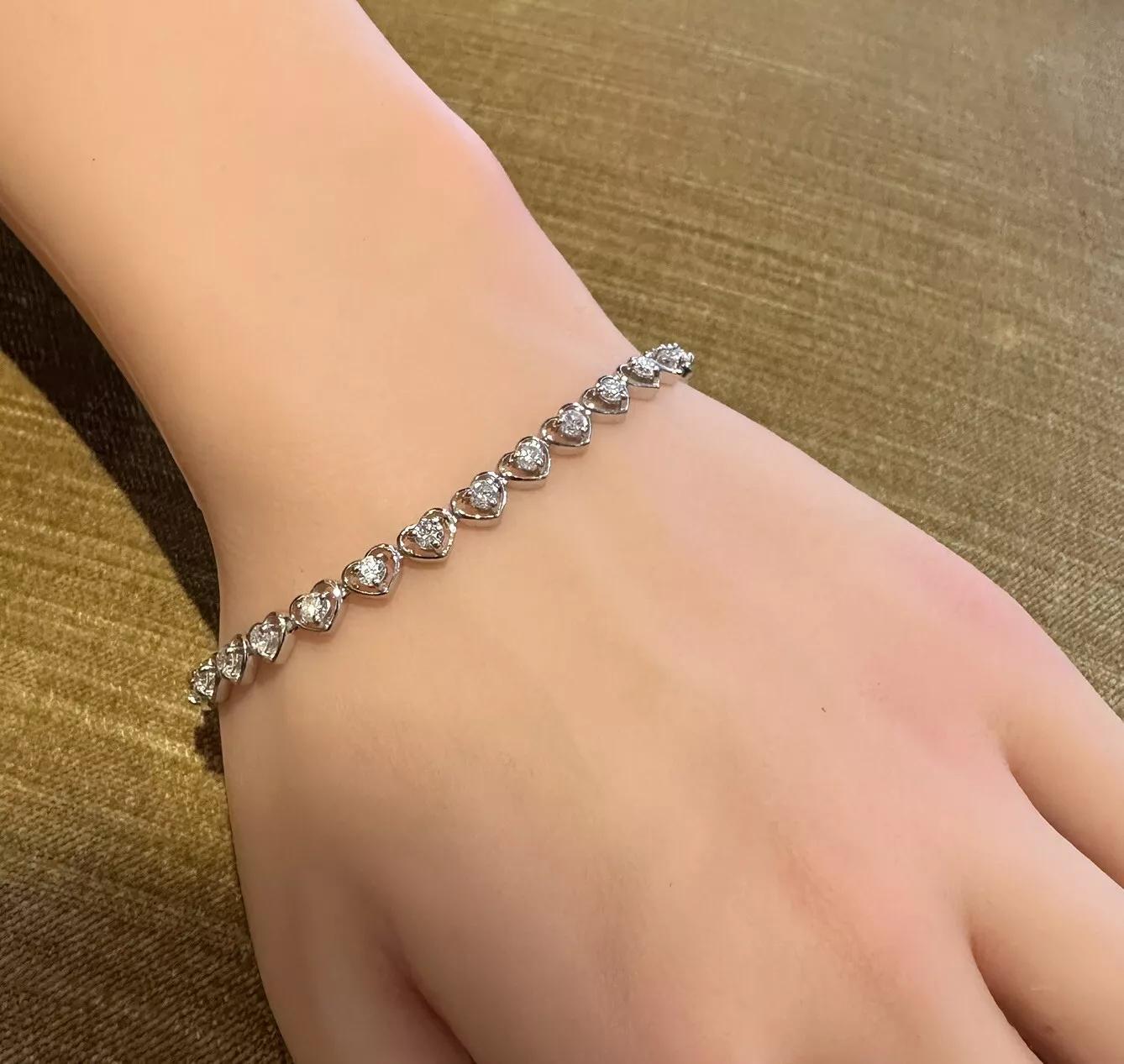 Round Cut Natural Round Diamond Bracelet with Heart Shaped Platinum Setting