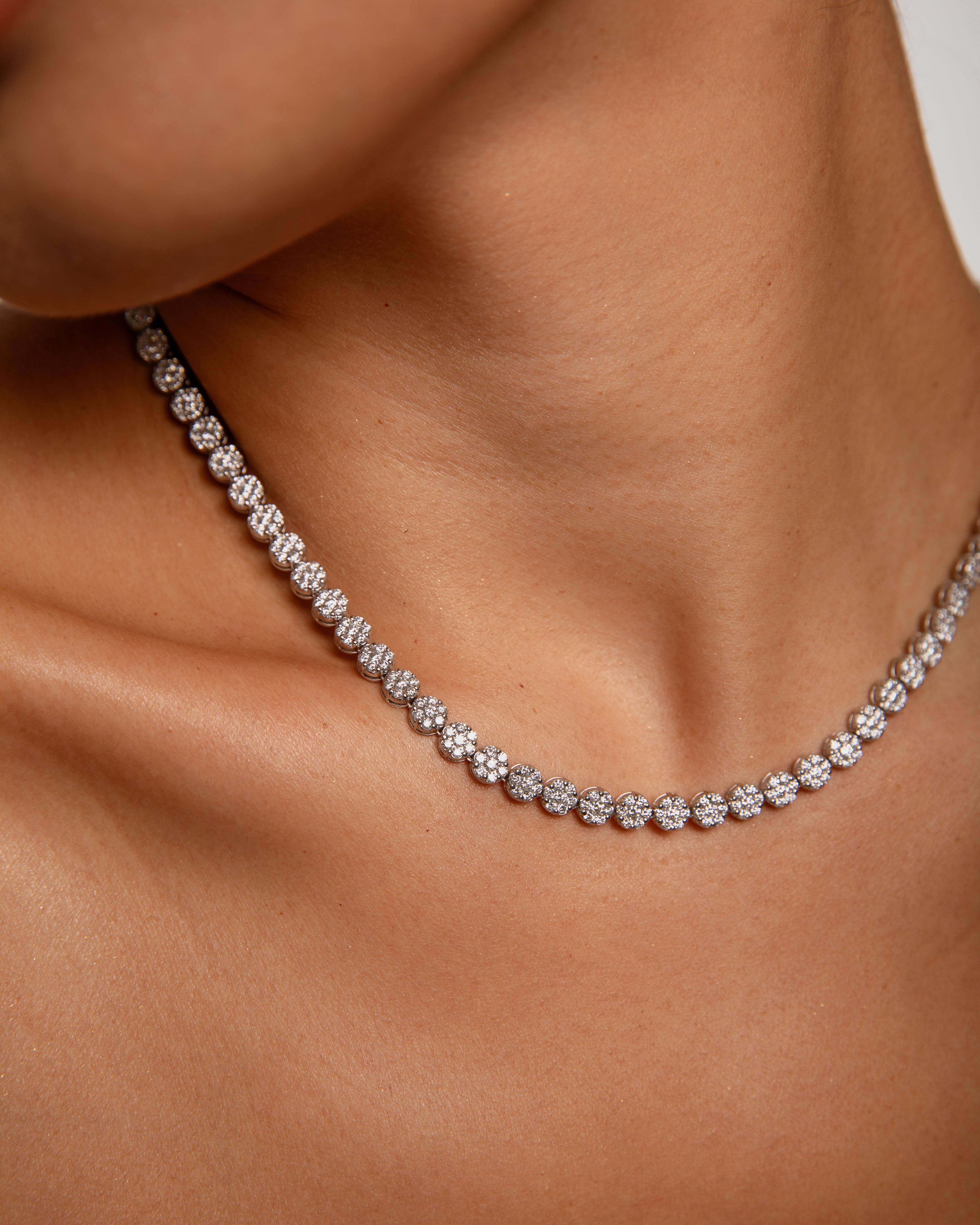 Women's or Men's Natural Round Diamond Flower Cluster Tennis Necklace 14K White Gold For Sale