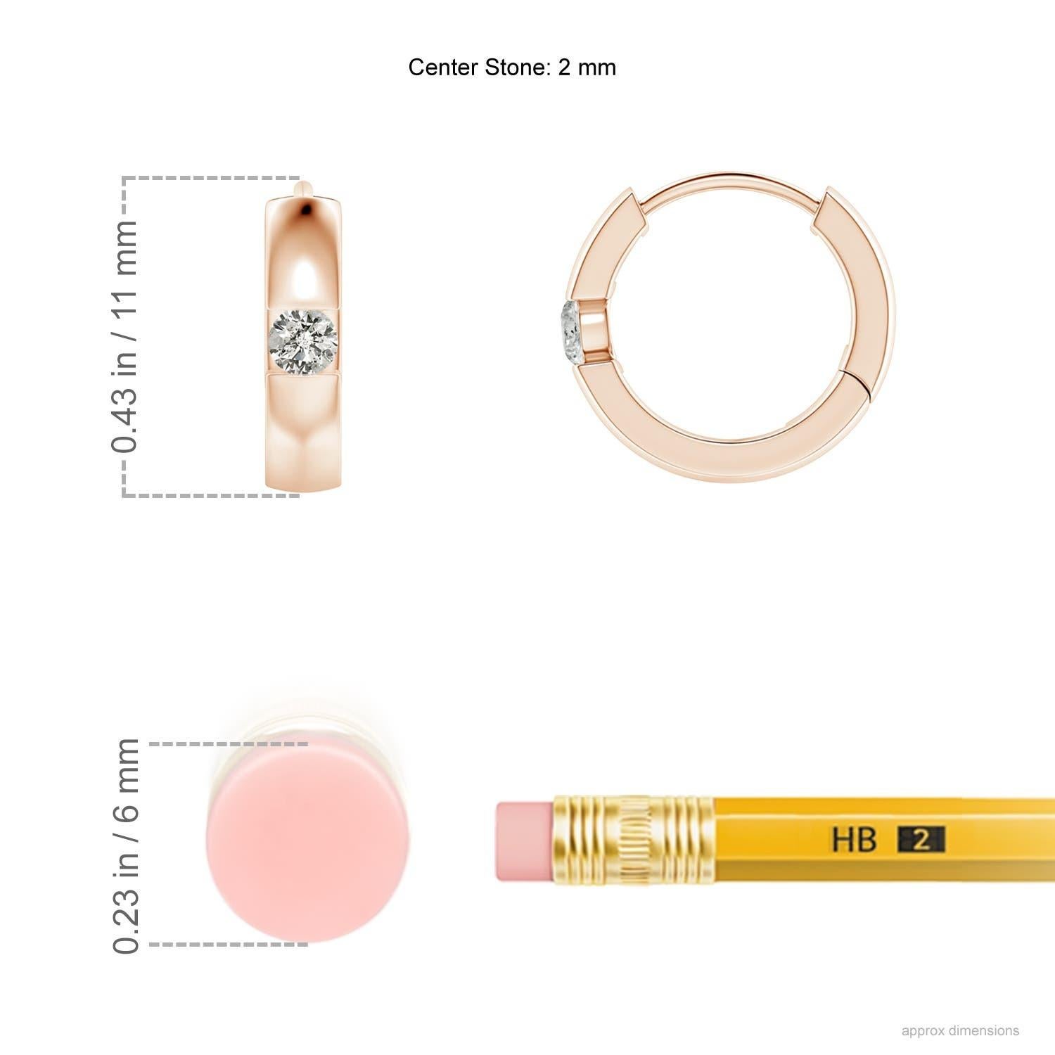 The hoops are studded with beautiful round diamonds in a channel setting. These diamond hinged hoop earrings are designed in 14k rose gold and snugly hug your ears.
Diamond is the Birthstone for April and traditional gift for 10th wedding