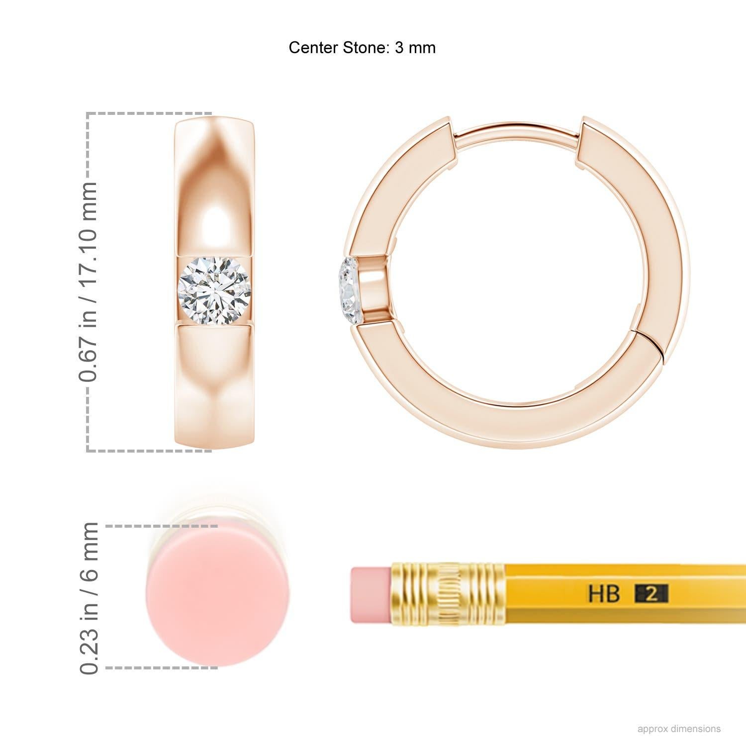 The hoops are studded with beautiful round diamonds in a channel setting. These diamond hinged hoop earrings are designed in 14k rose gold and snugly hug your ears.
Diamond is the Birthstone for April and traditional gift for 10th wedding
