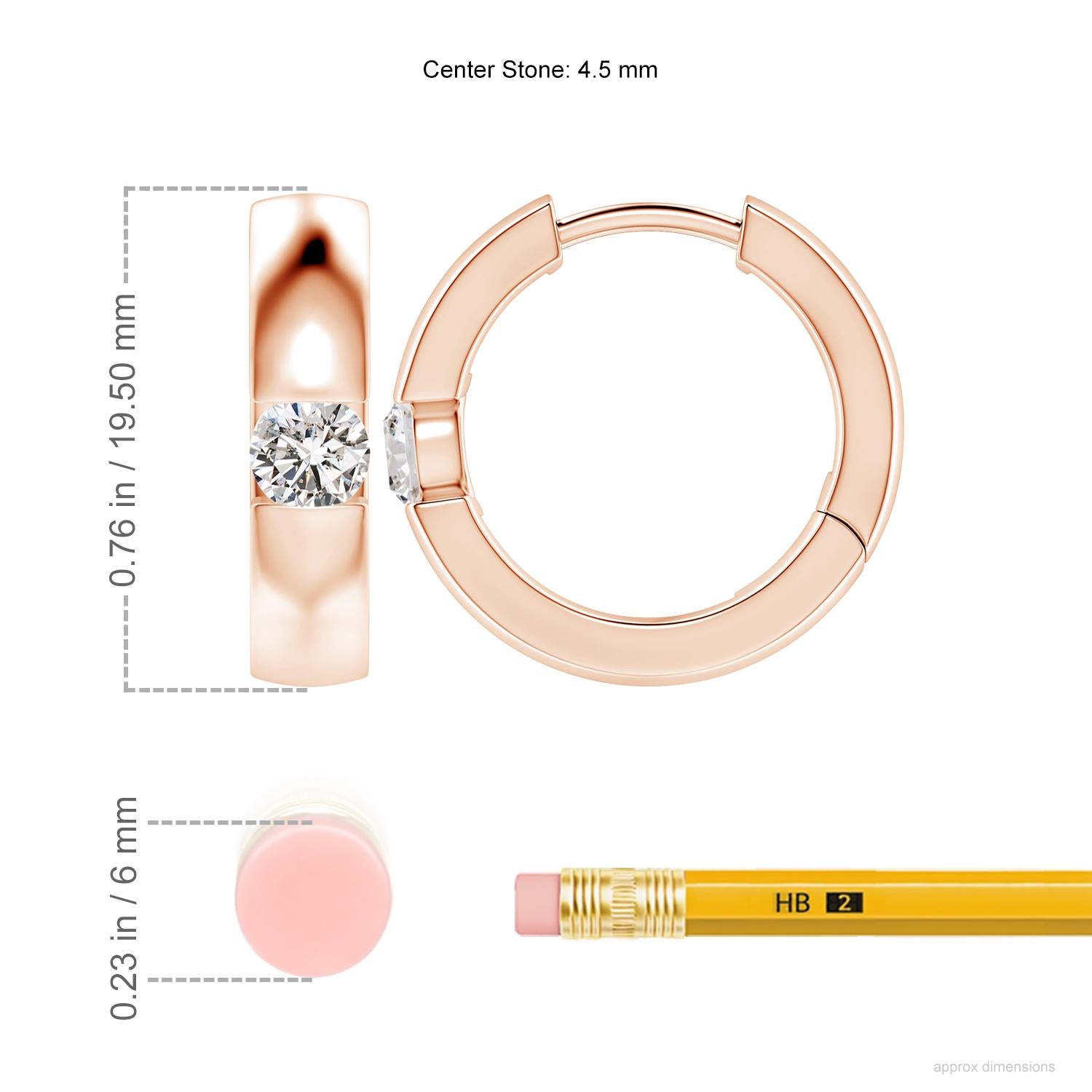 The hoops are studded with beautiful round diamonds in a channel setting. These diamond hinged hoop earrings are designed in 14k rose gold and snugly hug your ears.
Diamond is the Birthstone for April and traditional gift for 10th wedding
