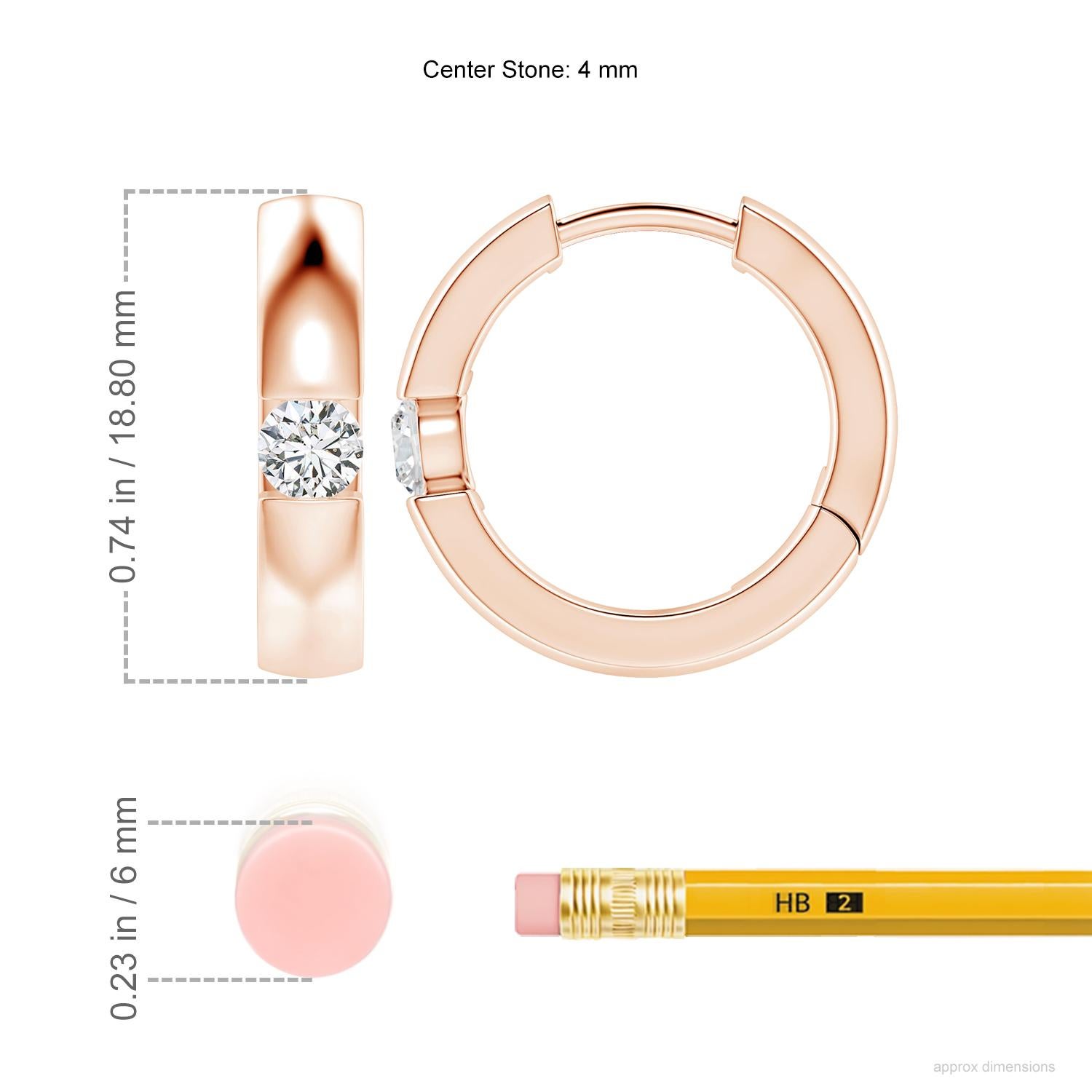 The hoops are studded with beautiful round diamonds in a channel setting. These diamond hinged hoop earrings are designed in 14k rose gold and snugly hug your ears.
Diamond is the Birthstone for April and traditional gift for 10th wedding