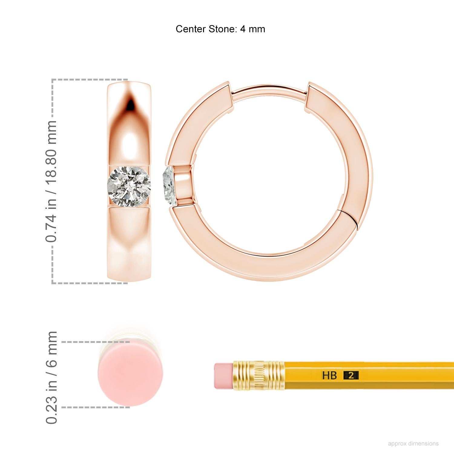 The hoops are studded with beautiful round diamonds in a channel setting. These diamond hinged hoop earrings are designed in 14k rose gold and snugly hug your ears.
Diamond is the Birthstone for April and traditional gift for 10th wedding