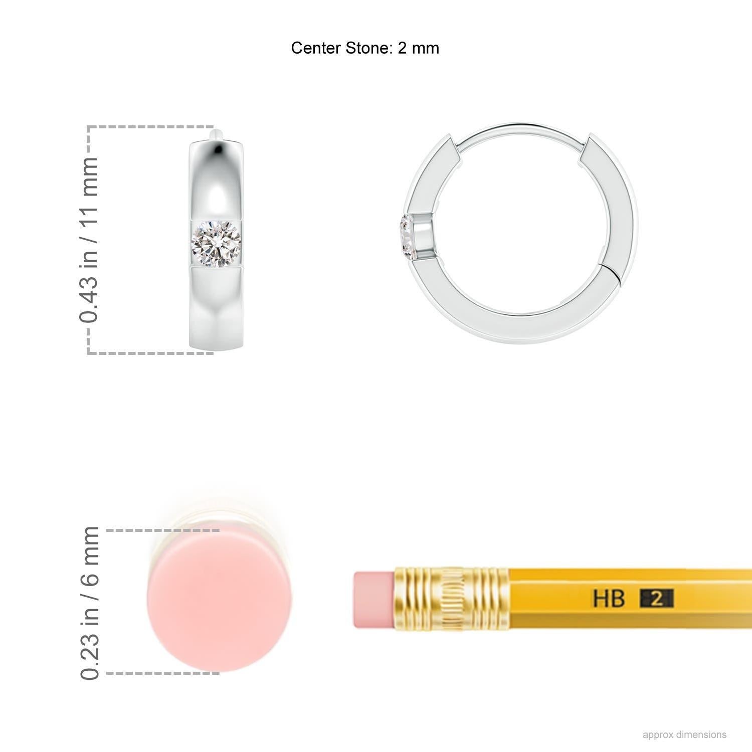 The hoops are studded with beautiful round diamonds in a channel setting. These diamond hinged hoop earrings are designed in 14k white gold and snugly hug your ears.
Diamond is the Birthstone for April and traditional gift for 10th wedding