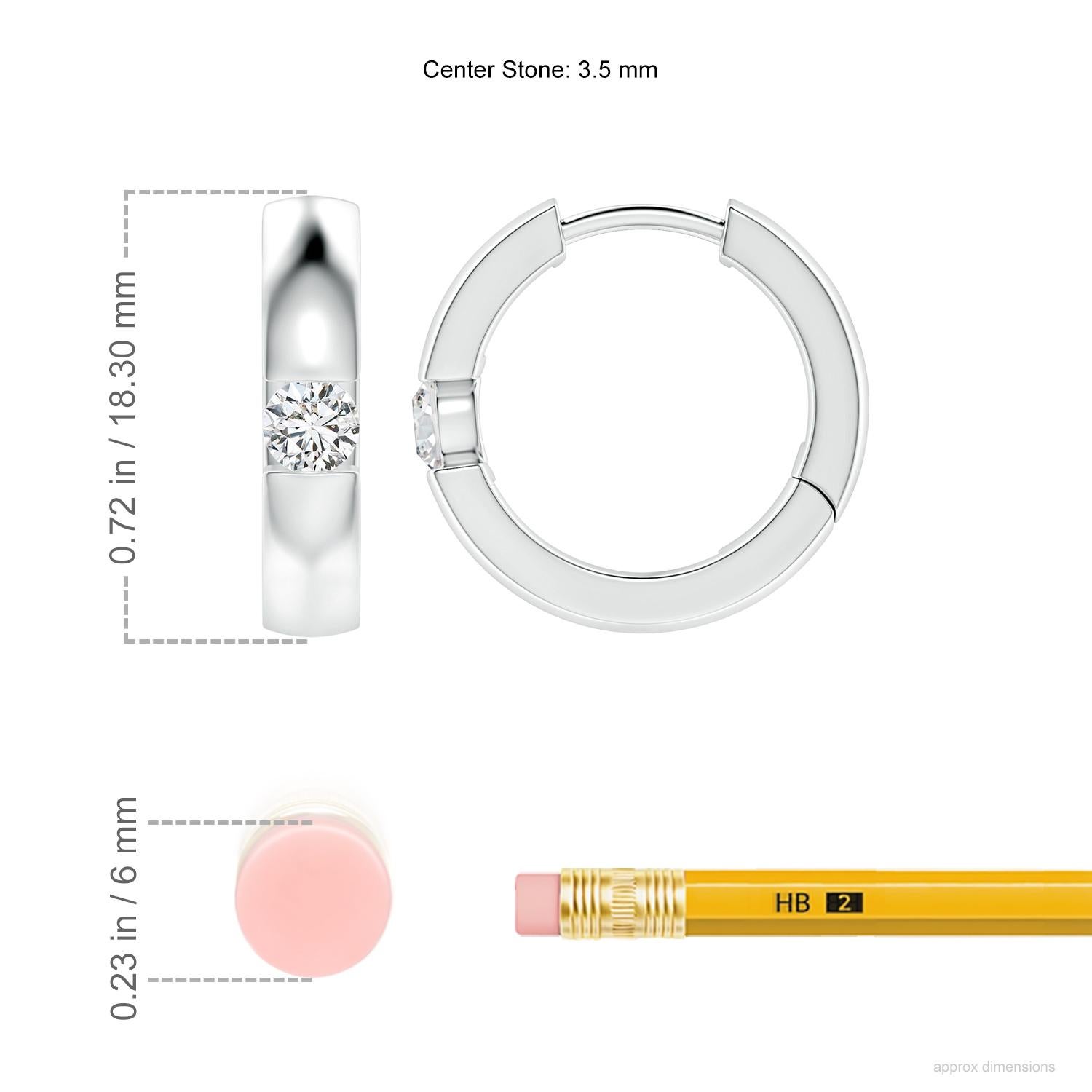 The hoops are studded with beautiful round diamonds in a channel setting. These diamond hinged hoop earrings are designed in 14k white gold and snugly hug your ears.
Diamond is the Birthstone for April and traditional gift for 10th wedding