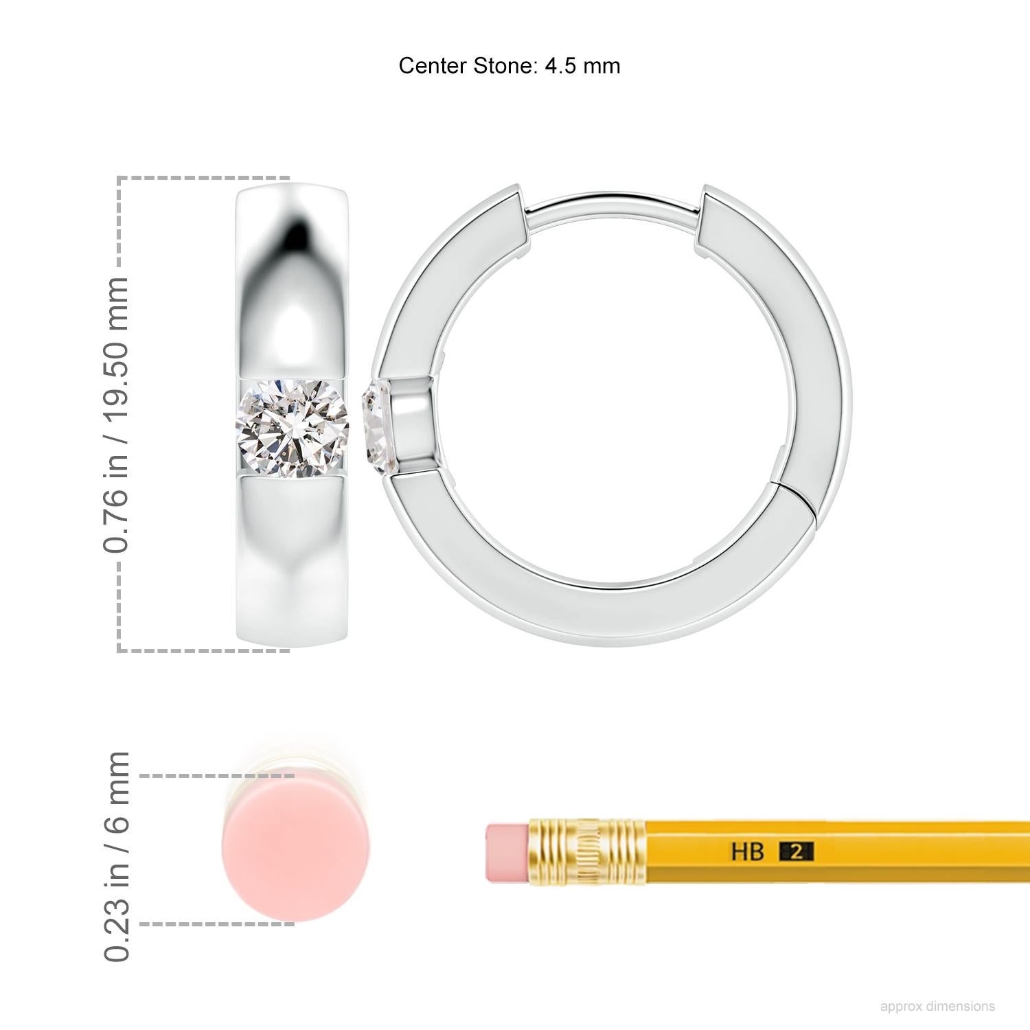 The hoops are studded with beautiful round diamonds in a channel setting. These diamond hinged hoop earrings are designed in 14k white gold and snugly hug your ears.
Diamond is the Birthstone for April and traditional gift for 10th wedding