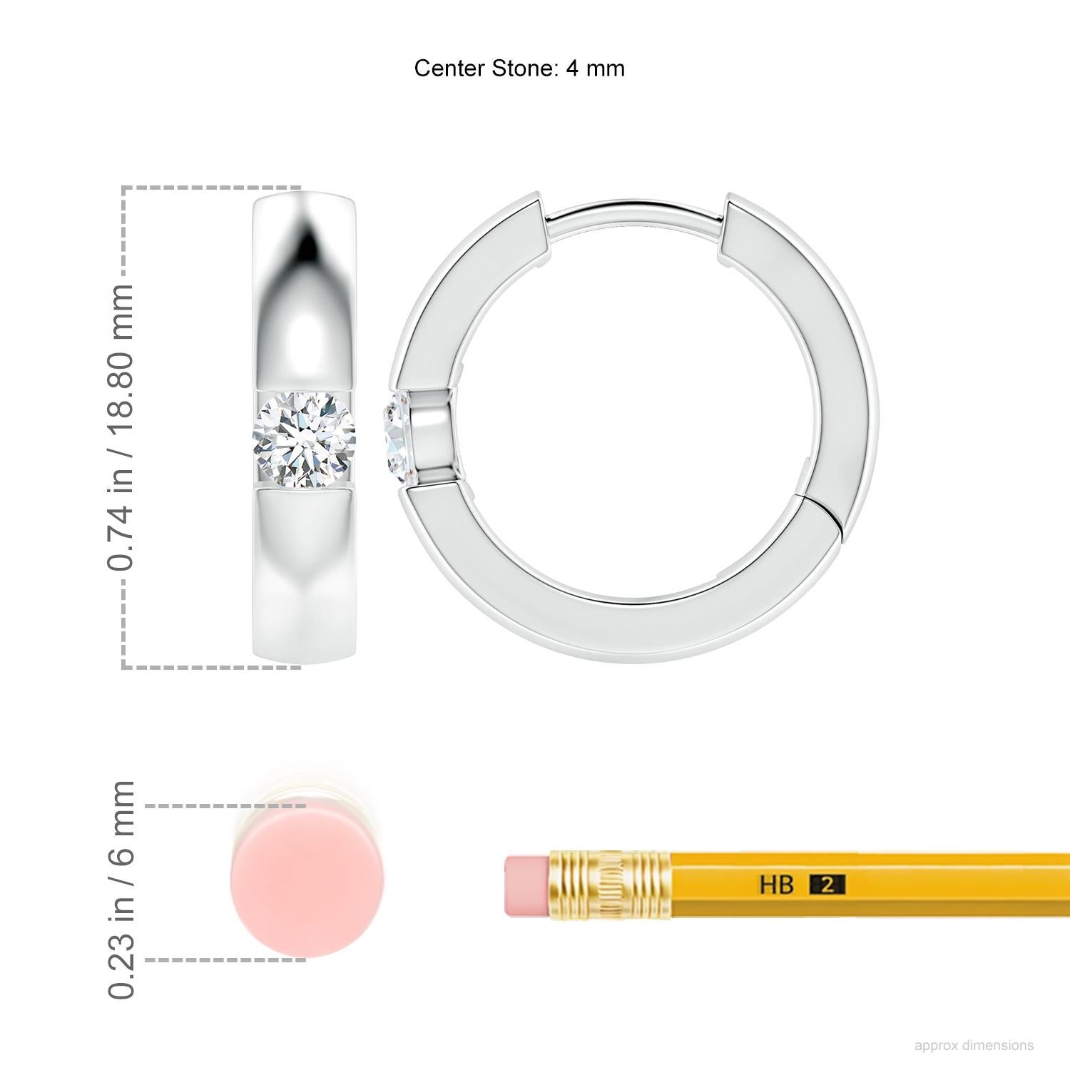 The hoops are studded with beautiful round diamonds in a channel setting. These diamond hinged hoop earrings are designed in 14k white gold and snugly hug your ears.
Diamond is the Birthstone for April and traditional gift for 10th wedding