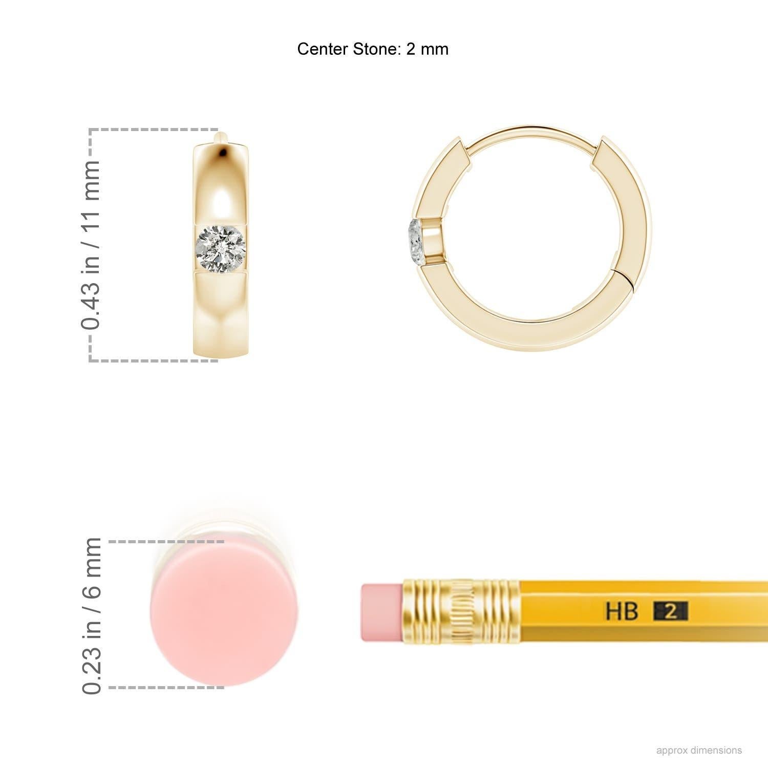 The hoops are studded with beautiful round diamonds in a channel setting. These diamond hinged hoop earrings are designed in 14k yellow gold and snugly hug your ears.
Diamond is the Birthstone for April and traditional gift for 10th wedding