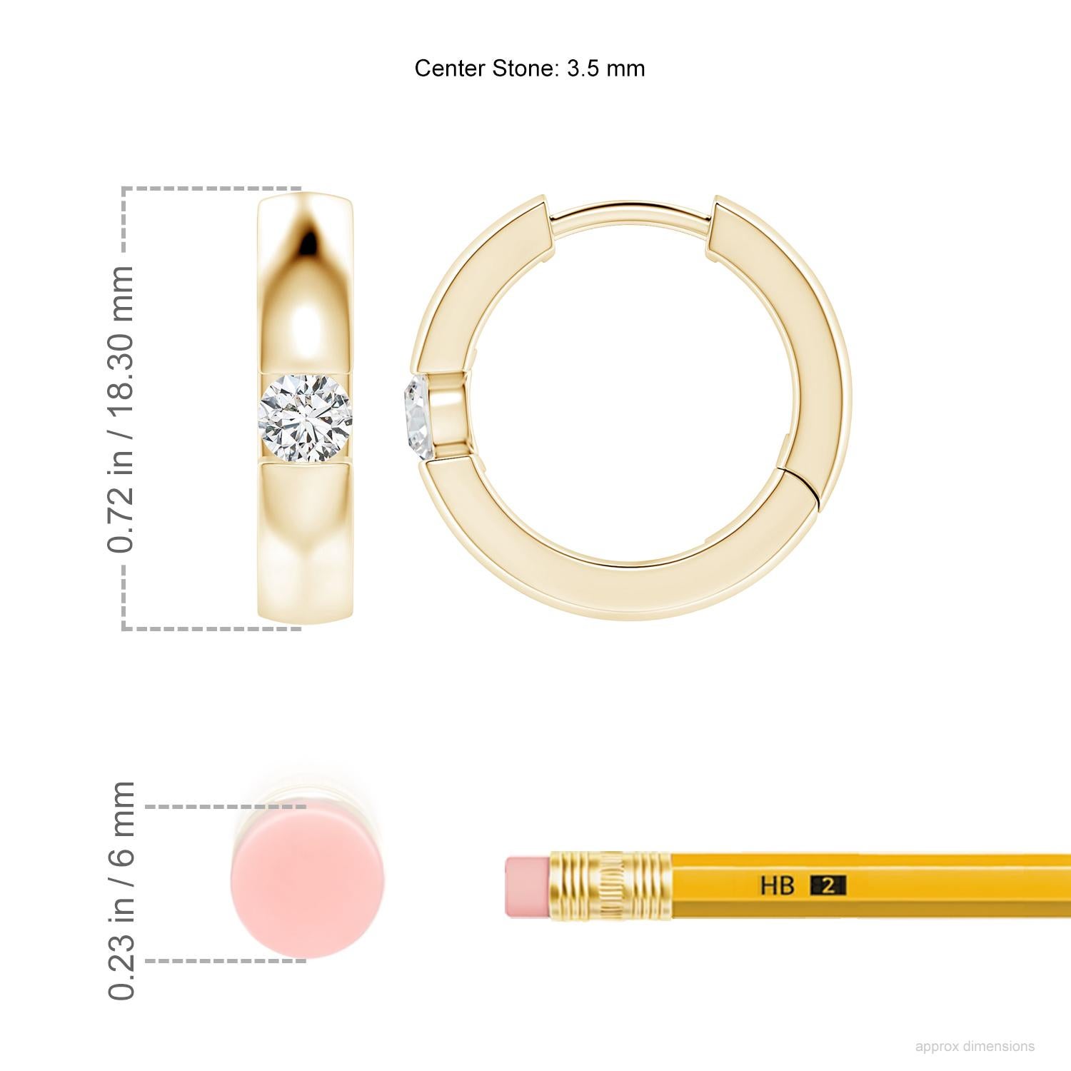 The hoops are studded with beautiful round diamonds in a channel setting. These diamond hinged hoop earrings are designed in 14k yellow gold and snugly hug your ears.
Diamond is the Birthstone for April and traditional gift for 10th wedding