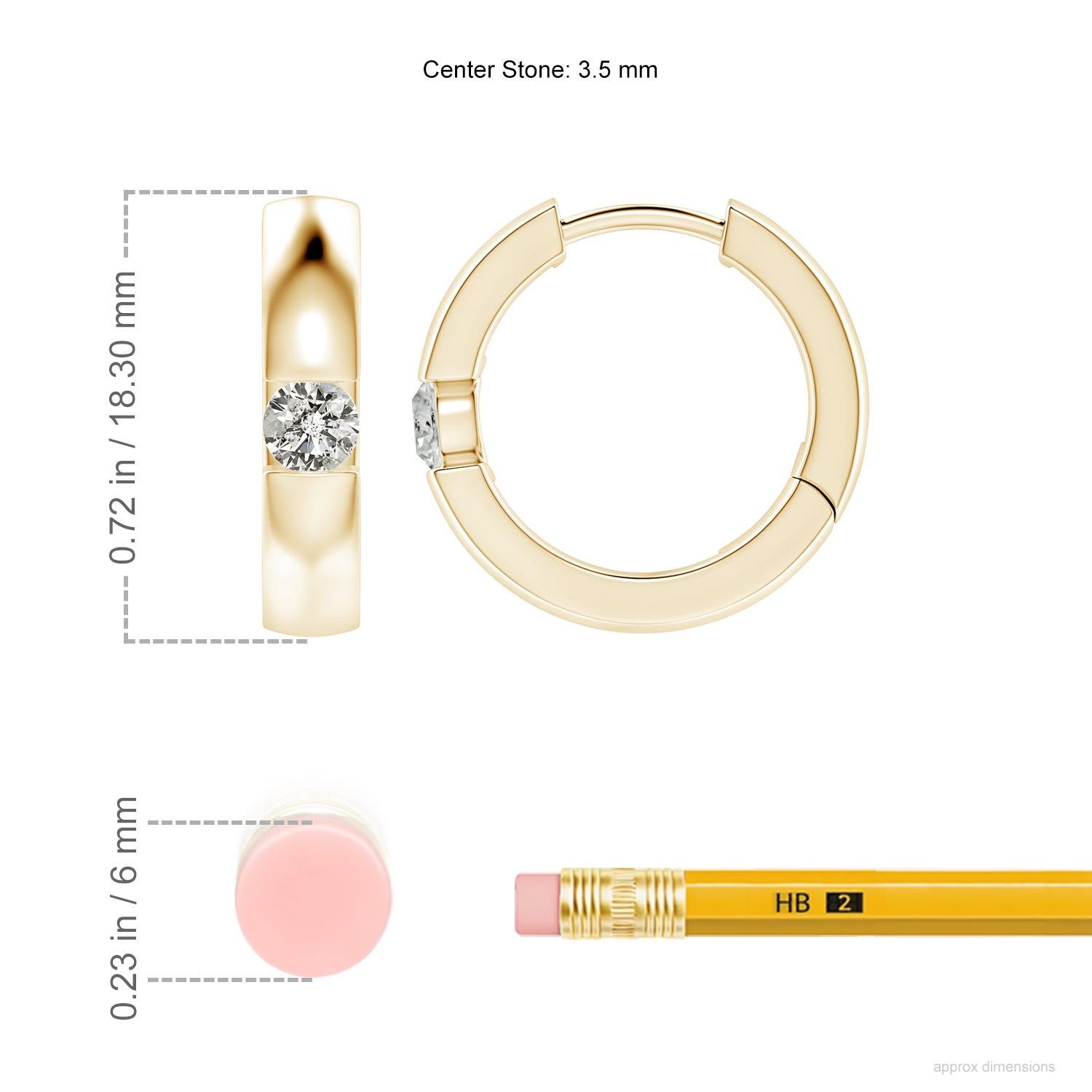 The hoops are studded with beautiful round diamonds in a channel setting. These diamond hinged hoop earrings are designed in 14k yellow gold and snugly hug your ears.
Diamond is the Birthstone for April and traditional gift for 10th wedding