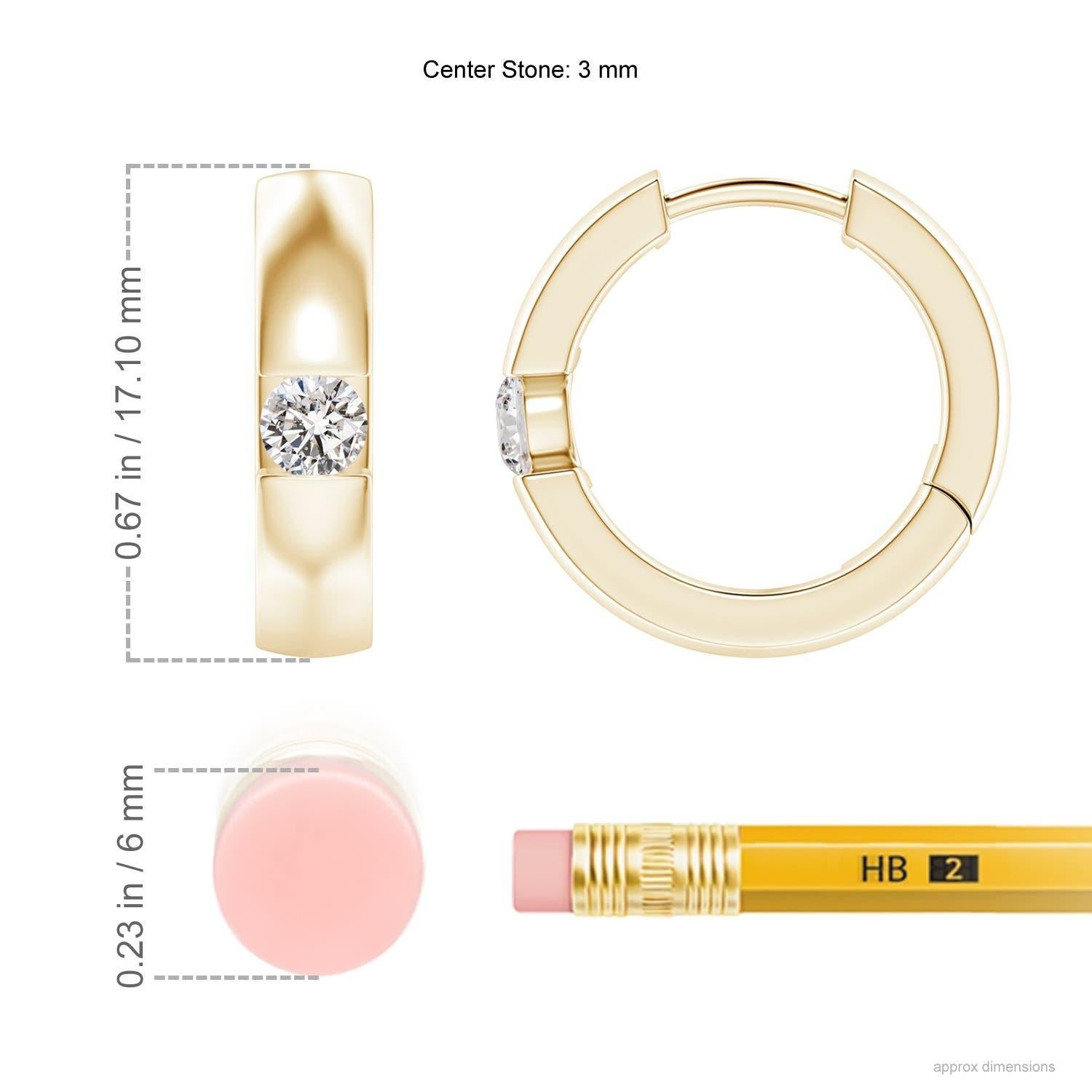 The hoops are studded with beautiful round diamonds in a channel setting. These diamond hinged hoop earrings are designed in 14k yellow gold and snugly hug your ears.
Diamond is the Birthstone for April and traditional gift for 10th wedding