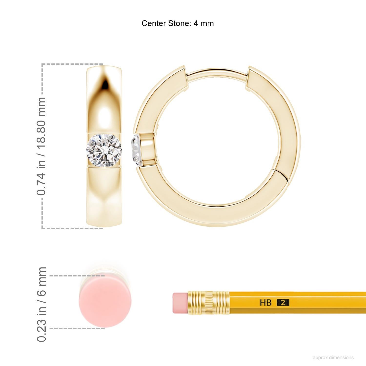 The hoops are studded with beautiful round diamonds in a channel setting. These diamond hinged hoop earrings are designed in 14k yellow gold and snugly hug your ears.
Diamond is the Birthstone for April and traditional gift for 10th wedding