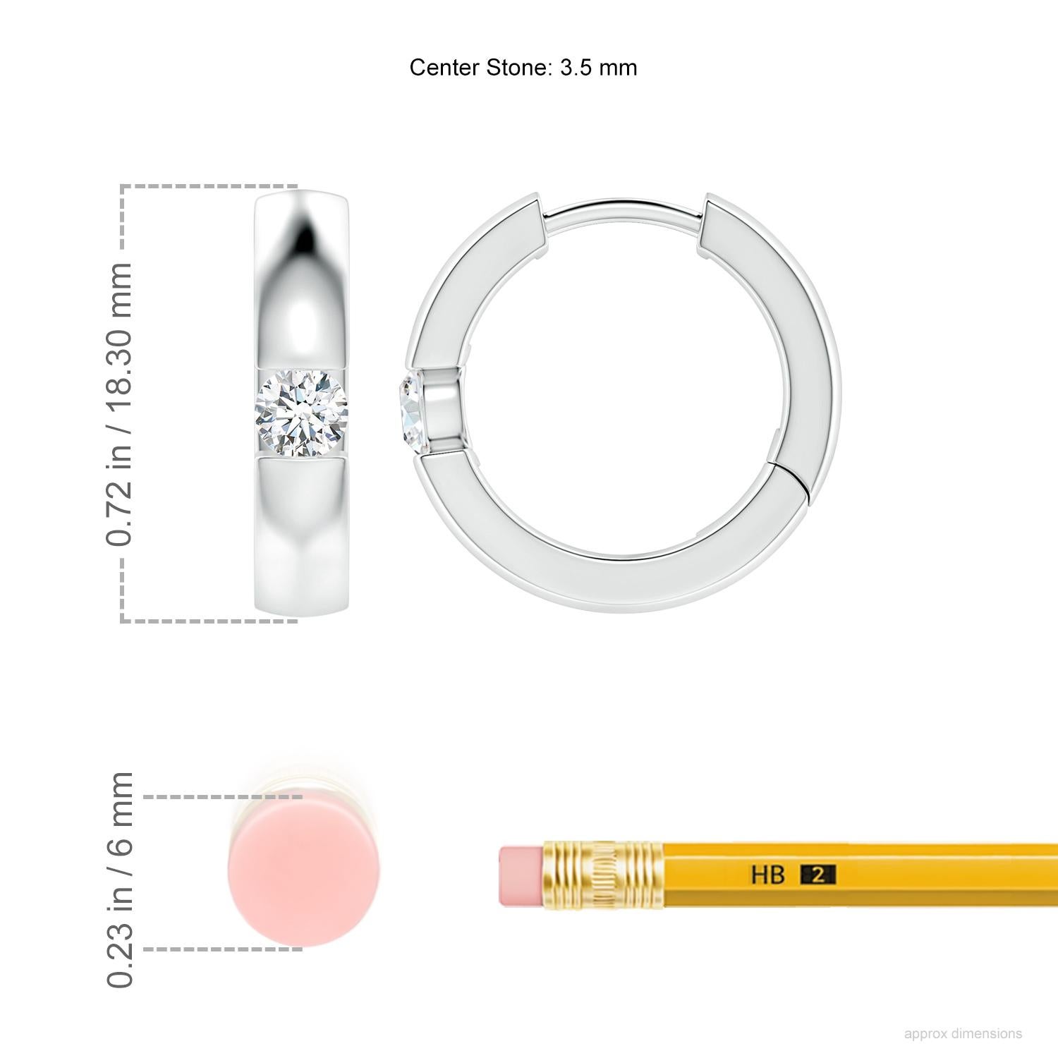 The hoops are studded with beautiful round diamonds in a channel setting. These diamond hinged hoop earrings are designed in platinum and snugly hug your ears.
Diamond is the Birthstone for April and traditional gift for 10th wedding