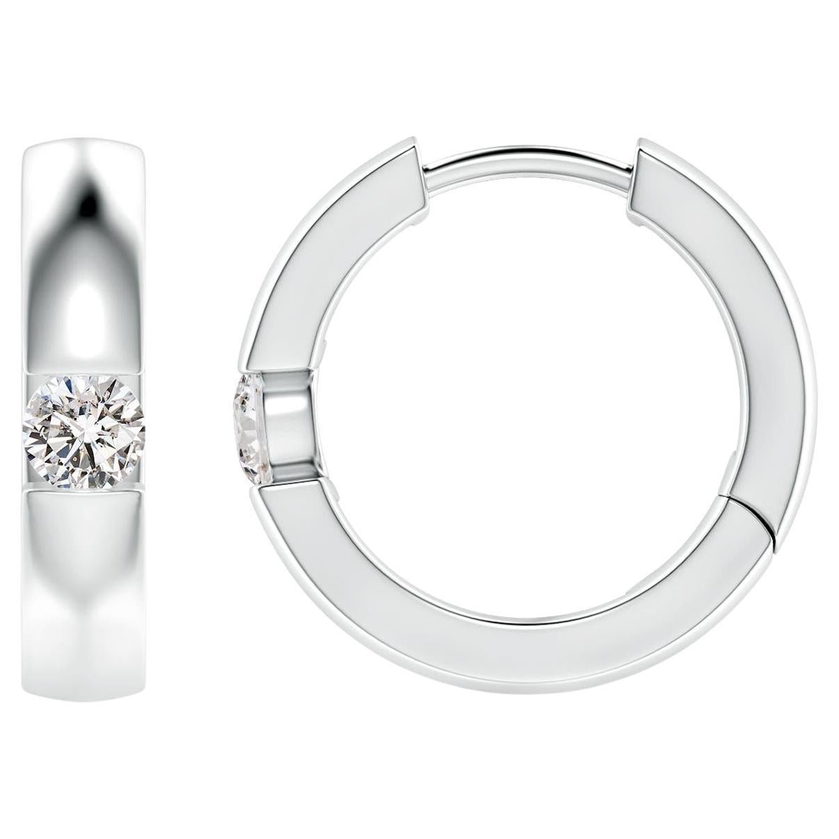 Natural Round Diamond Hoop Earrings in Platinum (Size-3mm, Color-I-J) For Sale