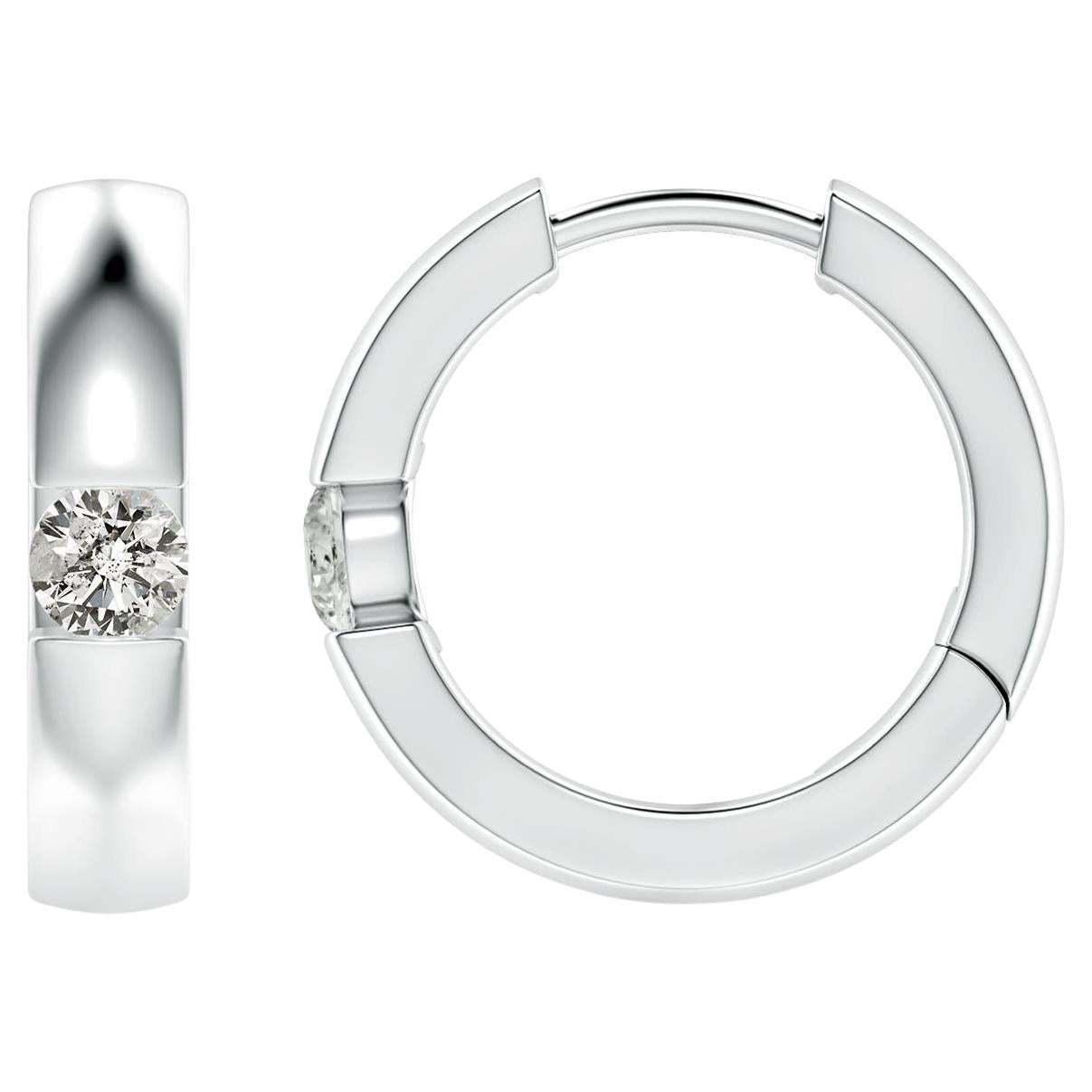 Natural Round Diamond Hoop Earrings in Platinum (Size-3mm, Color-K) For Sale